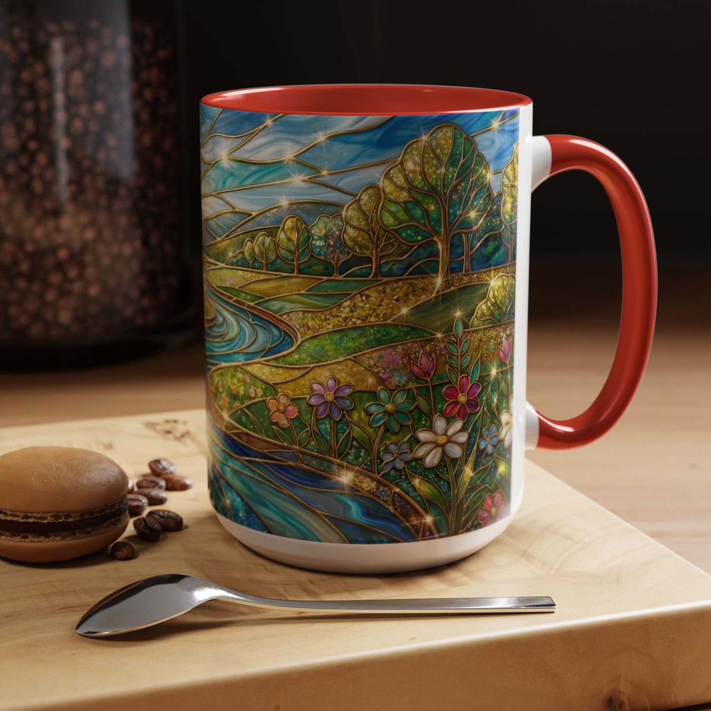Stained Glass Mug, River Landscape Coffee Cup, Nature Lover Gift, Floral Tea Mug, Gardener Present, Art Teacher Gift, Colorful Scenery Cup
