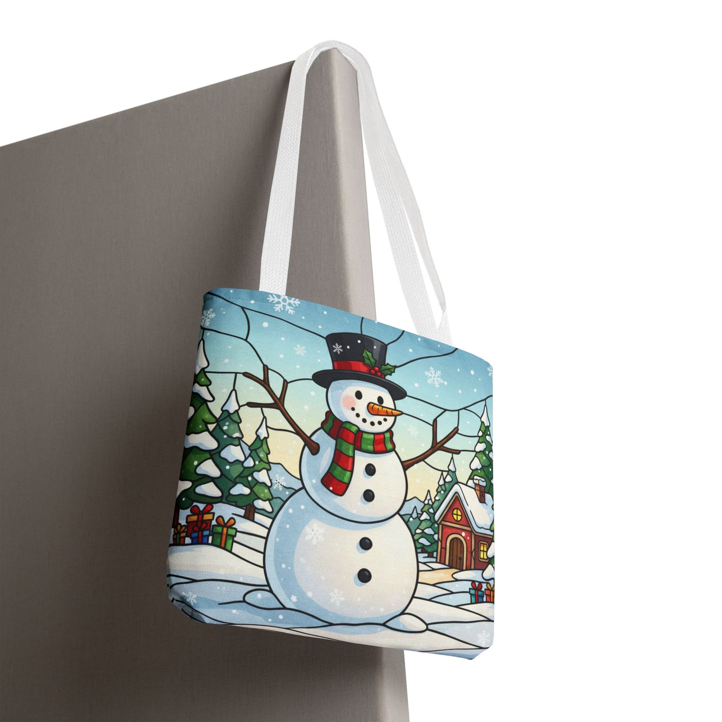 Stained Glass Snowman Christmas Tote Bag, Holiday Art Tote, Festive Winter Gift Bag, Colorful Christmas Scene Reusable Shopping Bag