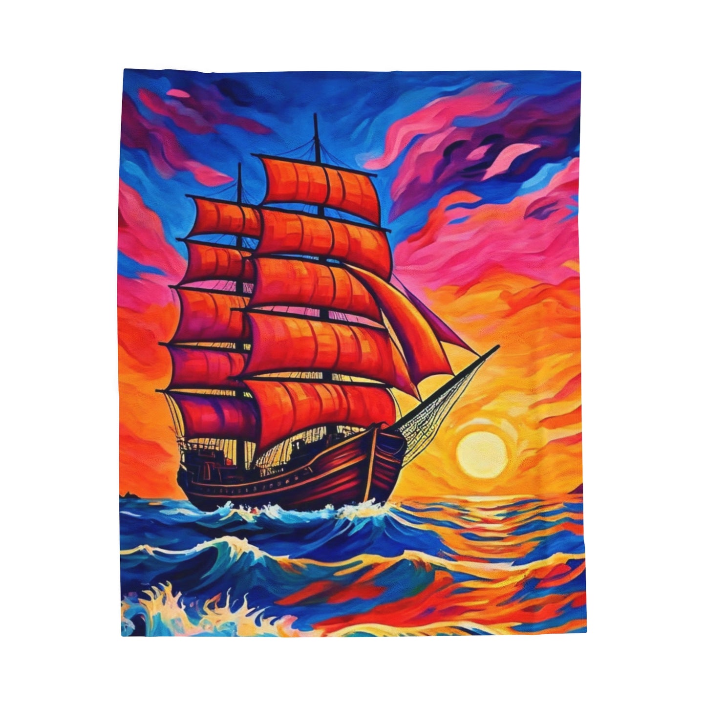 Plush Blanket - Sunset Ship Painting Design