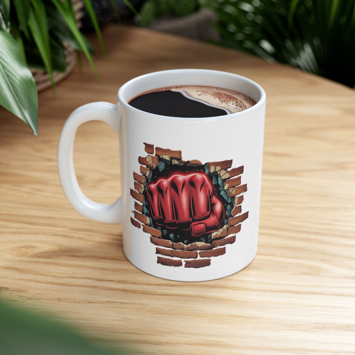 Red Fist Breaking Through Brick Mug – Bold Graphic 11oz or 15oz Ceramic Coffee Cup – Edgy Statement Gift for Him or Her, Cottagecore & Galaxy Aesthetic