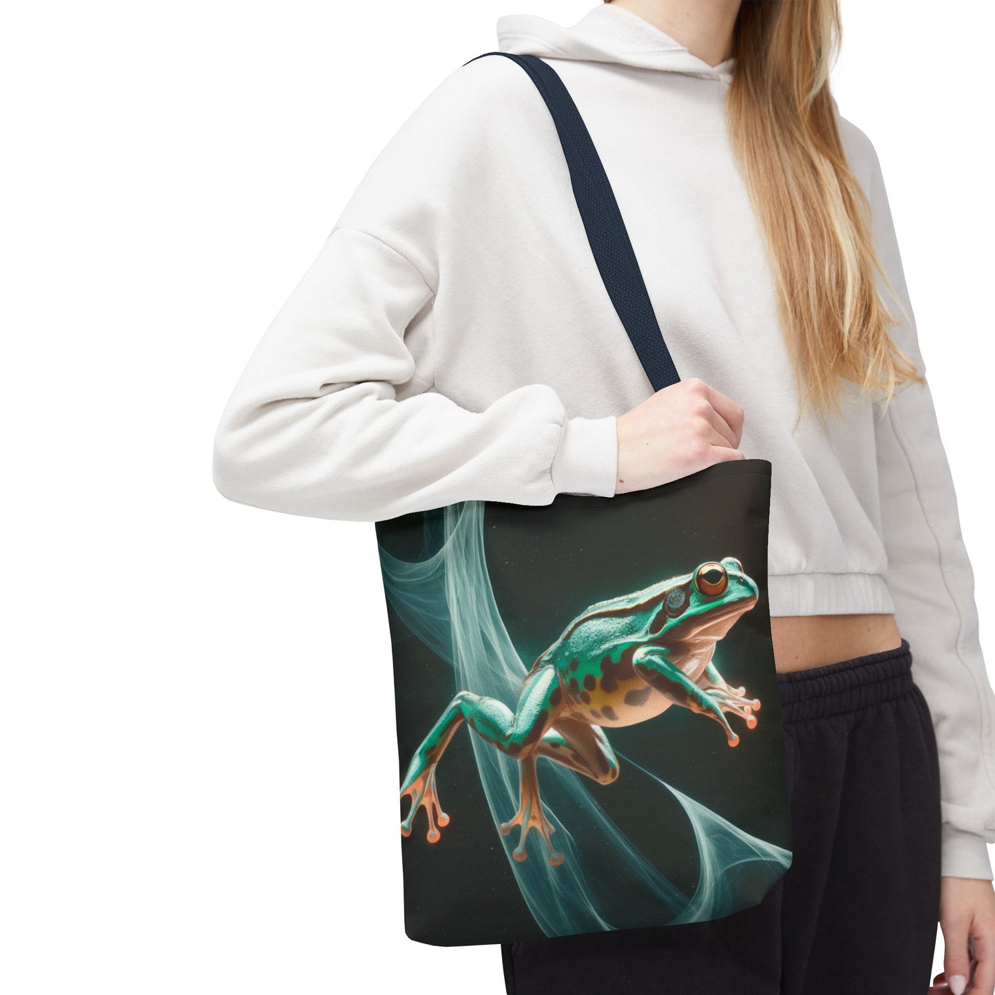 Frog in Motion Tote Bag, Nature-Inspired Green Frog Design Eco-Friendly Shoulder Bag, Artistic Reusable Tote For Everyday Use And Gifts