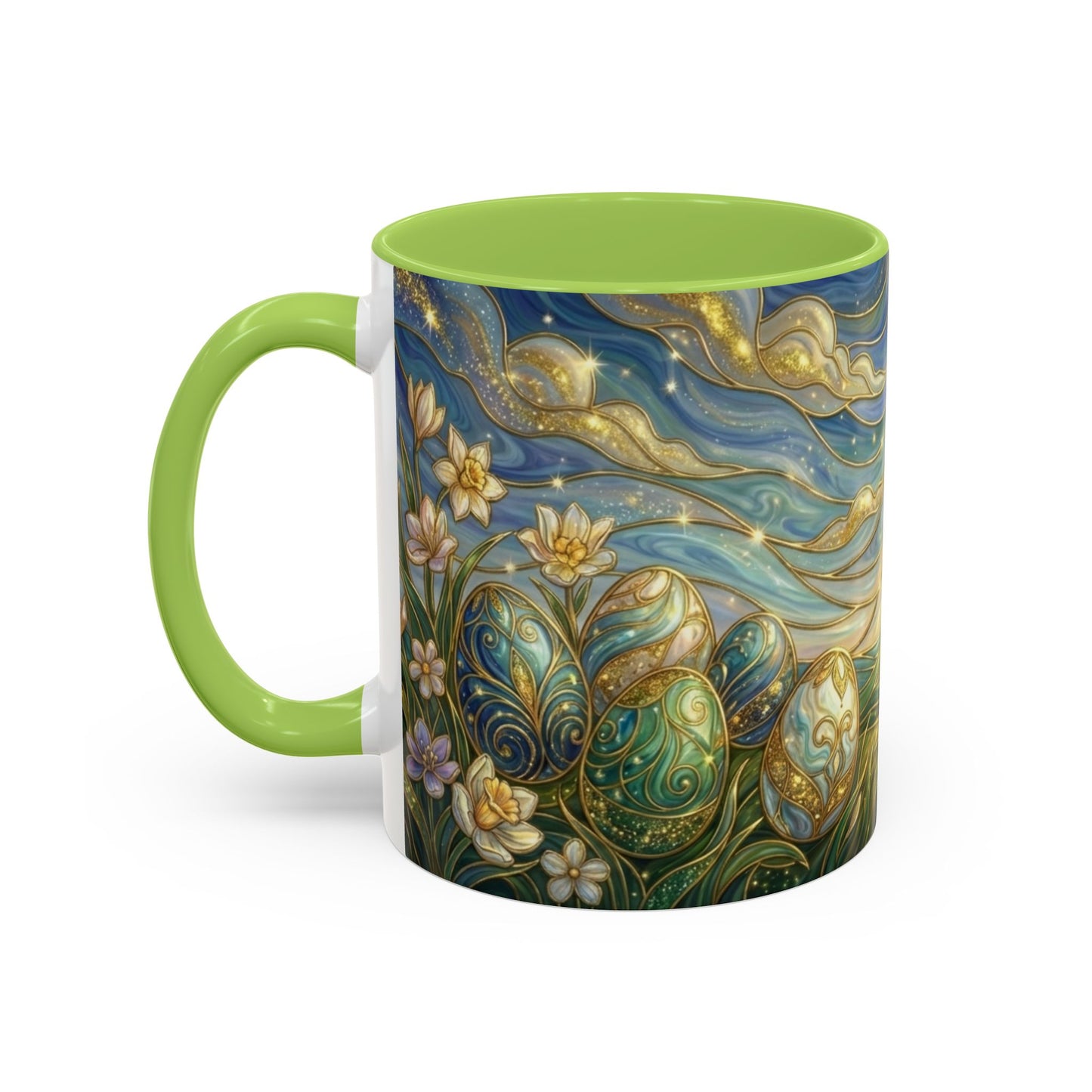 Stained Glass Easter Egg Mug, Magical Spring Floral Coffee Cup, Art Nouveau Fantasy Teacup, Elegant Celestial Starry Sky Mug Gift Idea