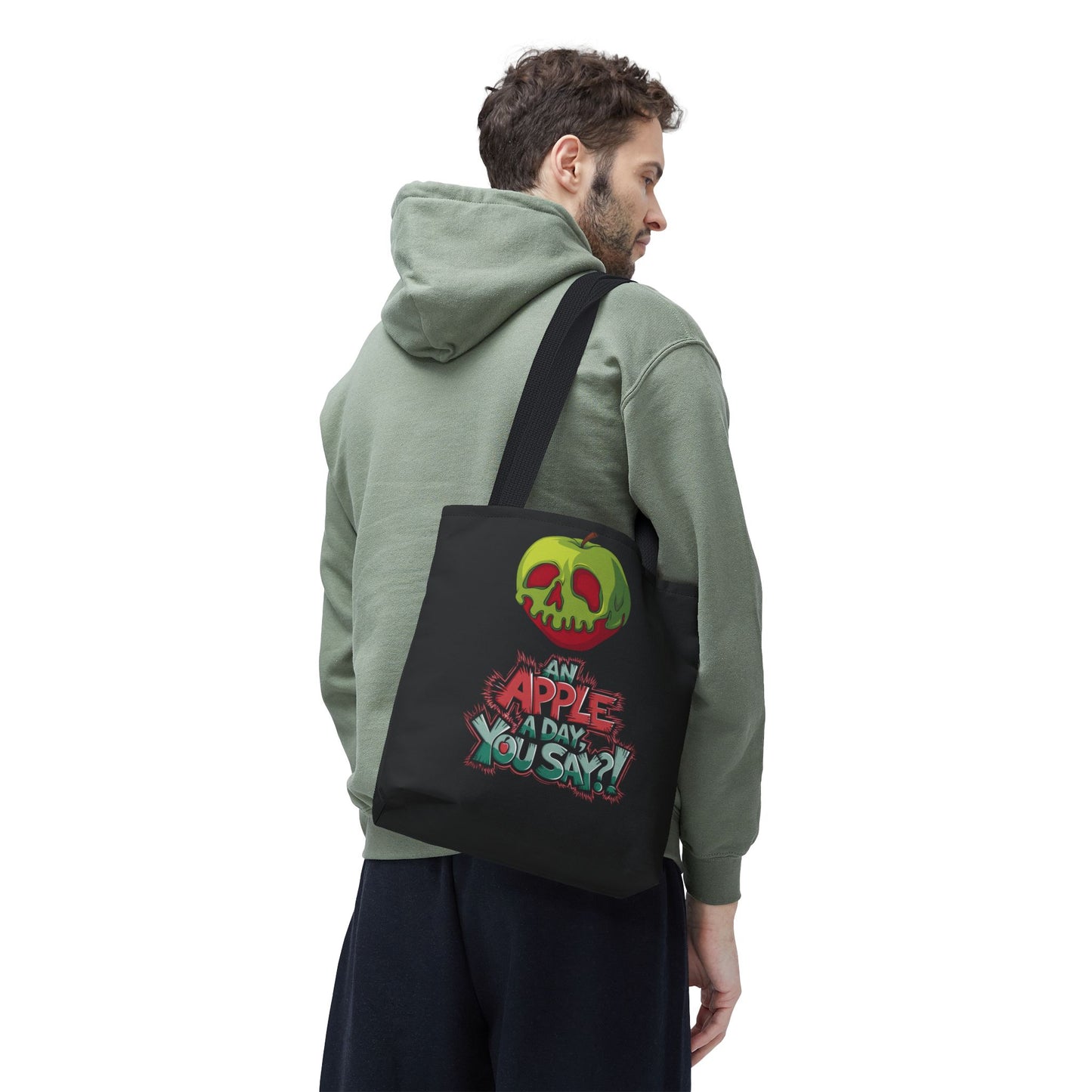 Spooky Halloween Tote Bag – Poison Apple Design – Funny Gothic Tote – Trick or Treat Bag – Creepy Apple Pun Gift – Black Tote Bag