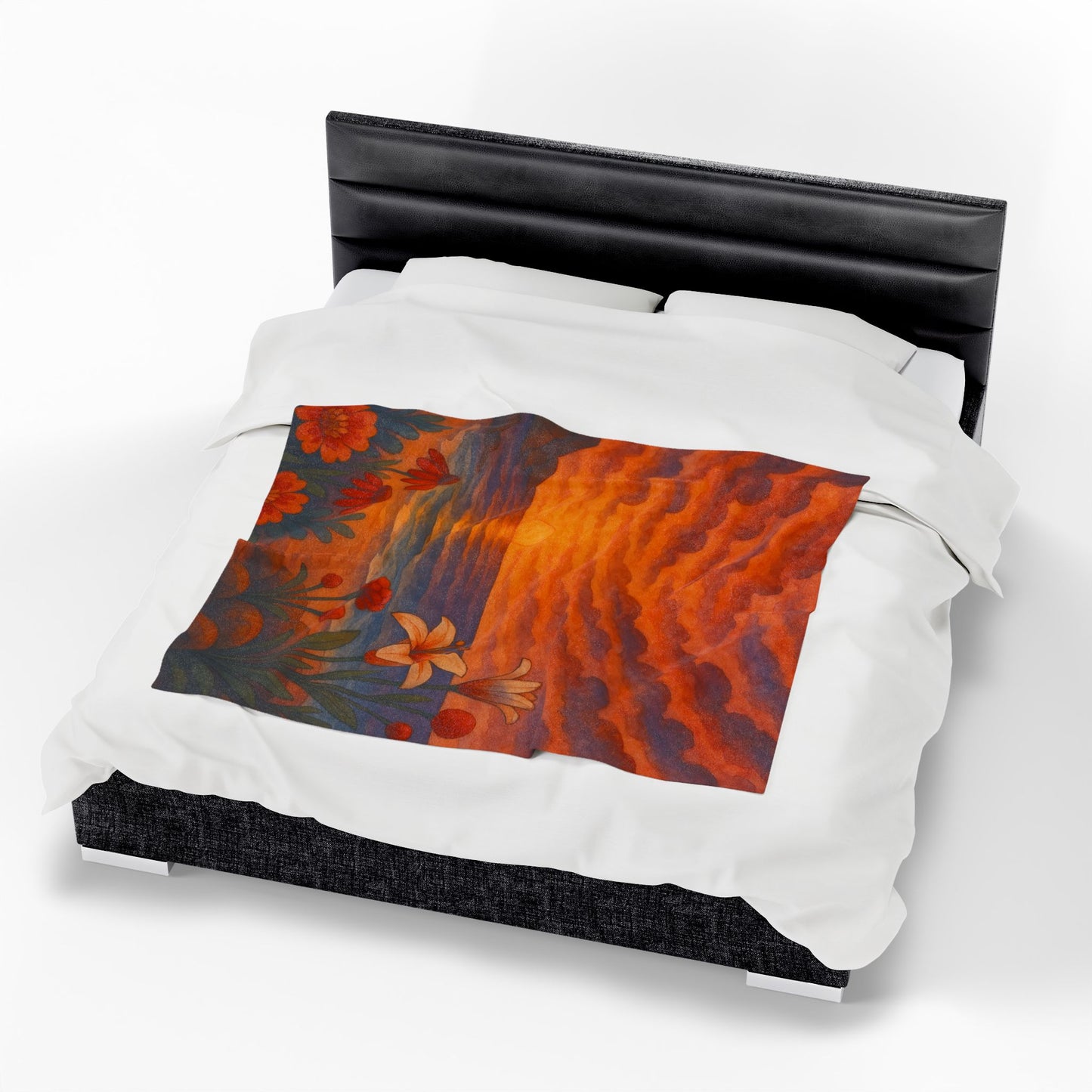 Sunset Floral Blanket – Cozy Beach Sunset Throw with Flowers | Colorful Velveteen Plush Blanket for Couch, Bed, or Gift