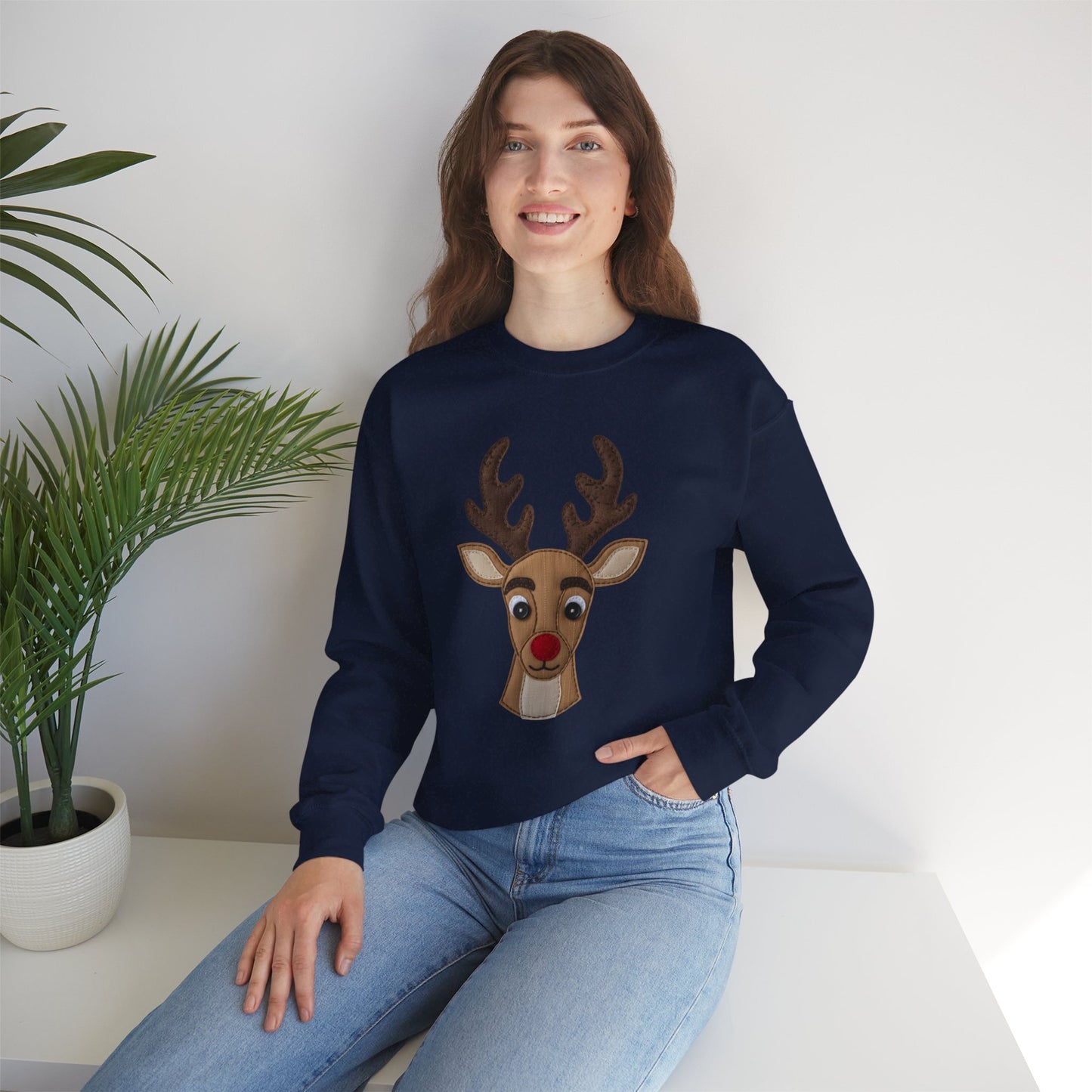 Faux Patchwork Rudolph Sweatshirt, Cute Reindeer Christmas Crewneck, Cozy Holiday Pullover, Winter Reindeer Sweater, Xmas Gift for Women