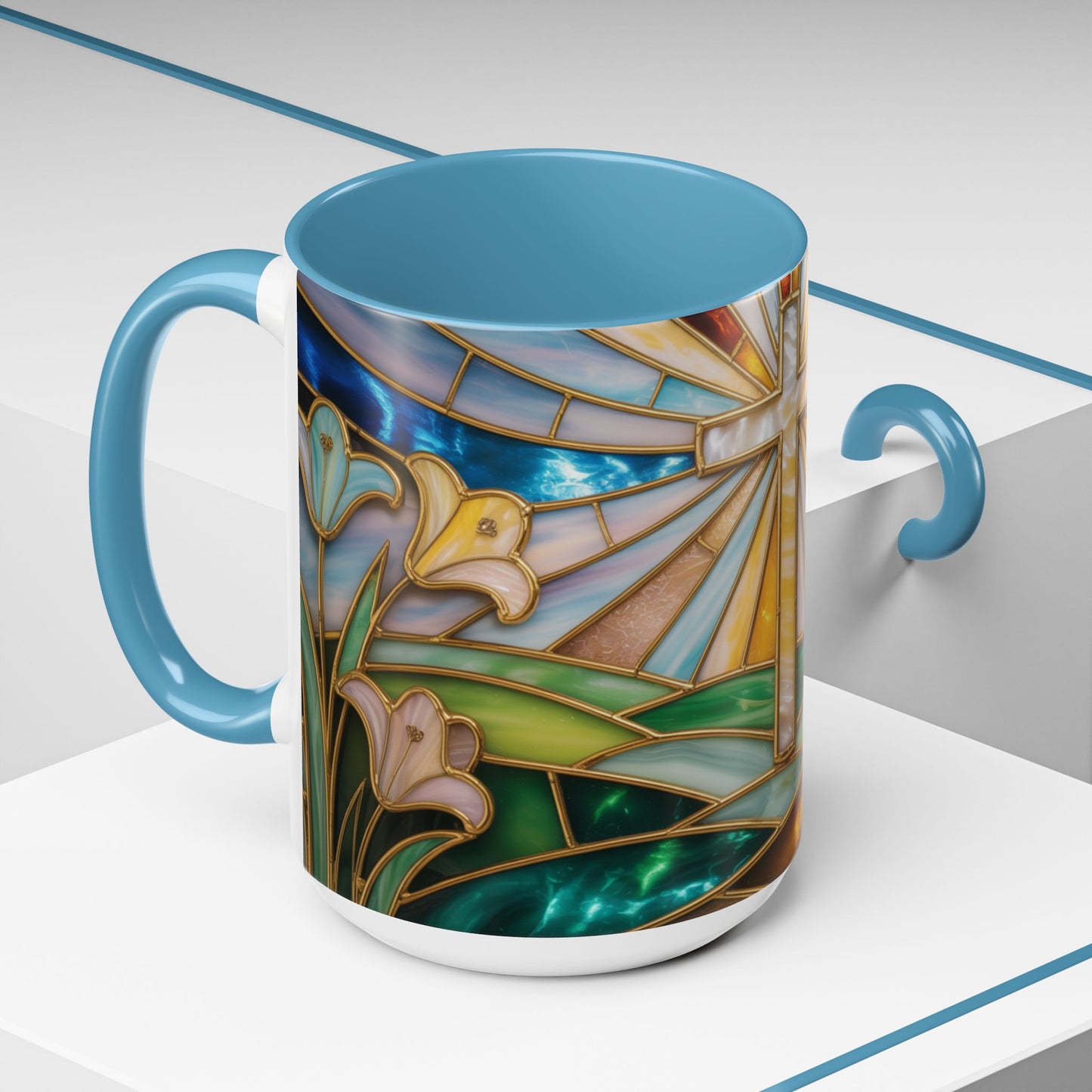 Stained Glass Cross Mug, Christian Coffee Cup, Faith Gift Mug, Religious Art Mug, Floral Church Mug, Inspirational Faith Cup, Easter Gift