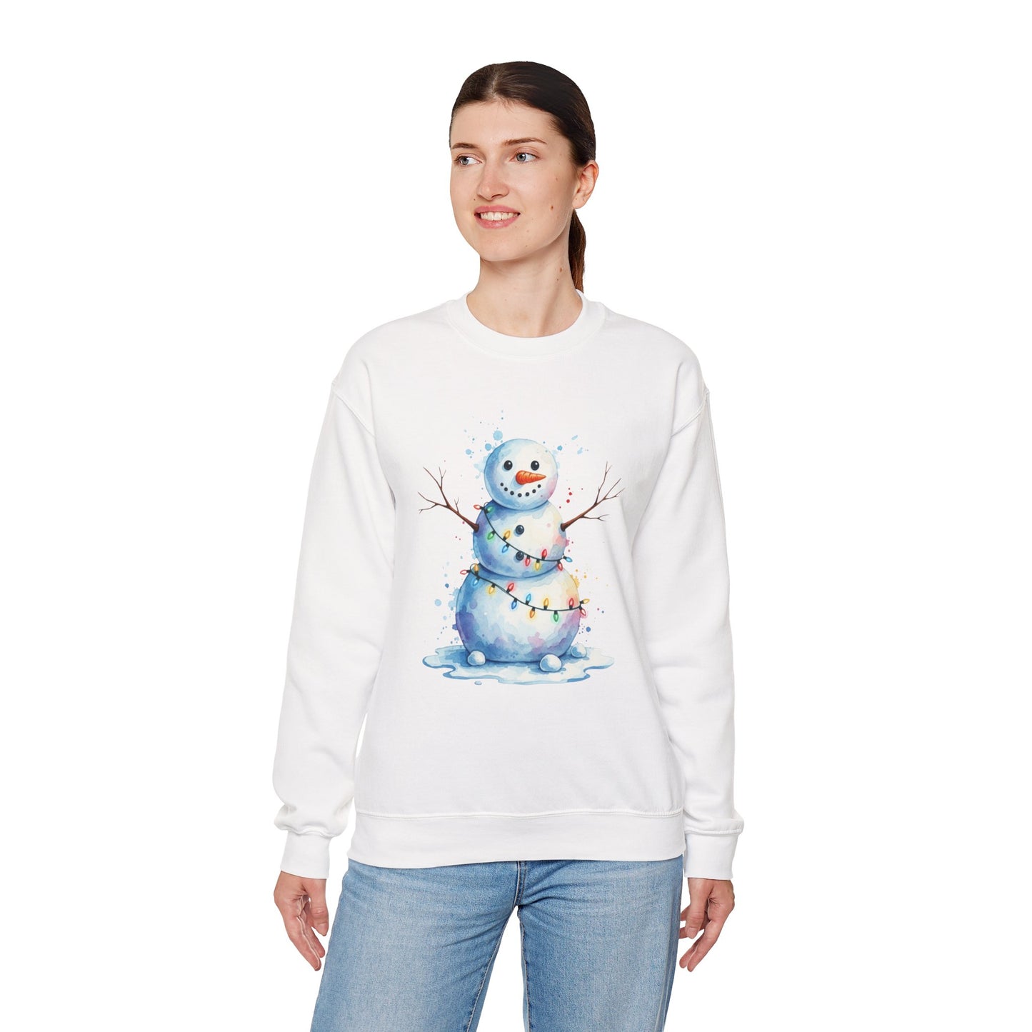 Watercolor Snowman Christmas Sweatshirt, Cute Snowman Crewneck for Winter, Holiday Lights Snowman Sweater, Cozy Unisex Christmas Gift