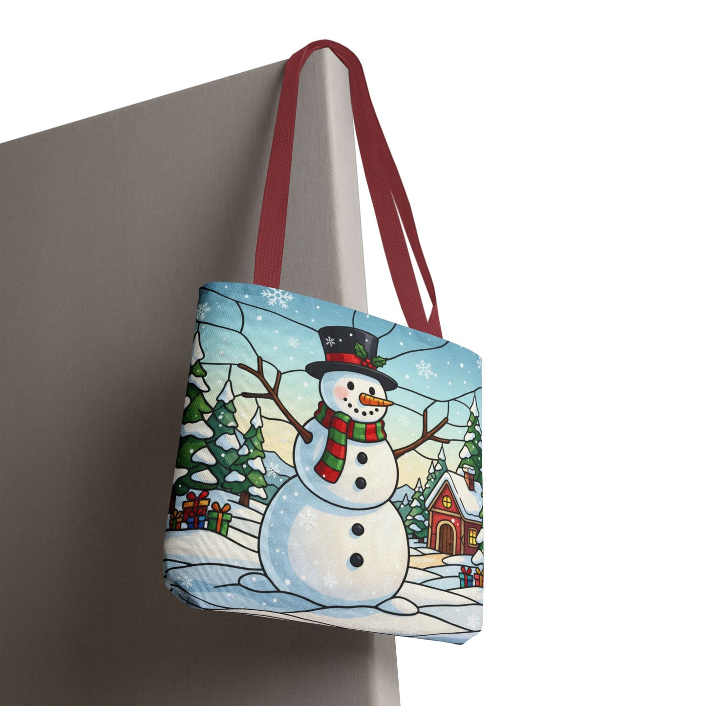 Stained Glass Snowman Christmas Tote Bag, Holiday Art Tote, Festive Winter Gift Bag, Colorful Christmas Scene Reusable Shopping Bag