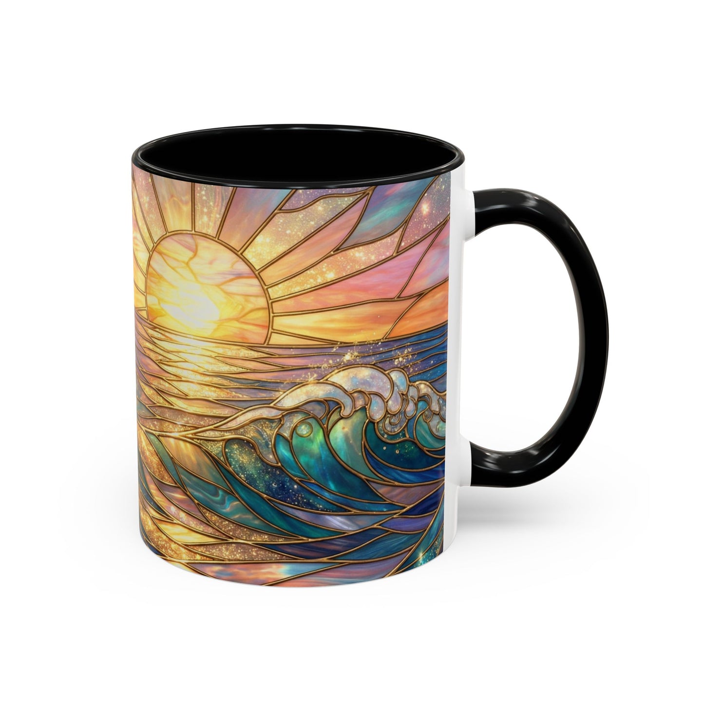 Stained Glass Ocean Wave Mug, Sunrise Beach Coffee Cup, Japanese Art Gift, Coastal Decor Kitchen, Mosaic Sea Tea Cup, Blue Gold Nature Lover