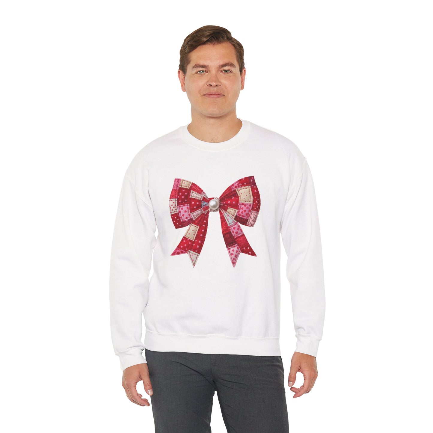 Faux Patchwork Bow Sweatshirt, Quilted Look Bow Crewneck, Pearl Center Bow Pullover, Cozy Coquette Sweatshirt, Girly Gift