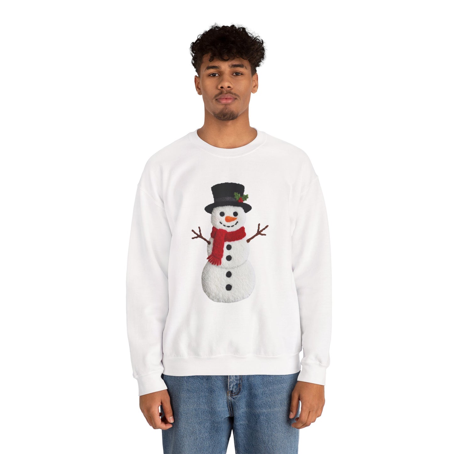 Faux Patchwork Crochet Snowman Sweatshirt, Winter Snowman Crewneck, Cozy Holiday Sweater, Christmas Sweatshirt, Festive Winter Shirt, unisex gift