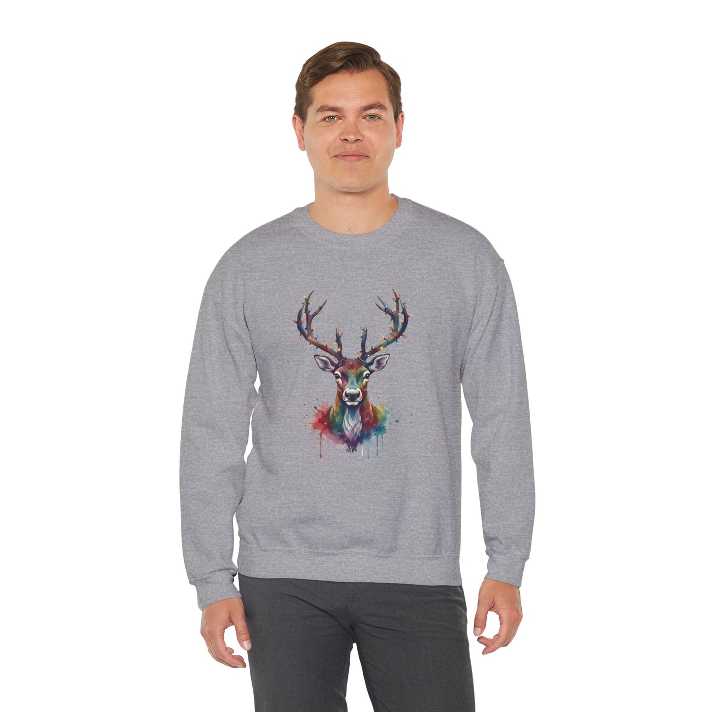Colorful Reindeer Christmas Sweatshirt, Holiday Deer Lights Sweater, Watercolor Winter Crewneck, Festive Cozy Gift For Him Or Her