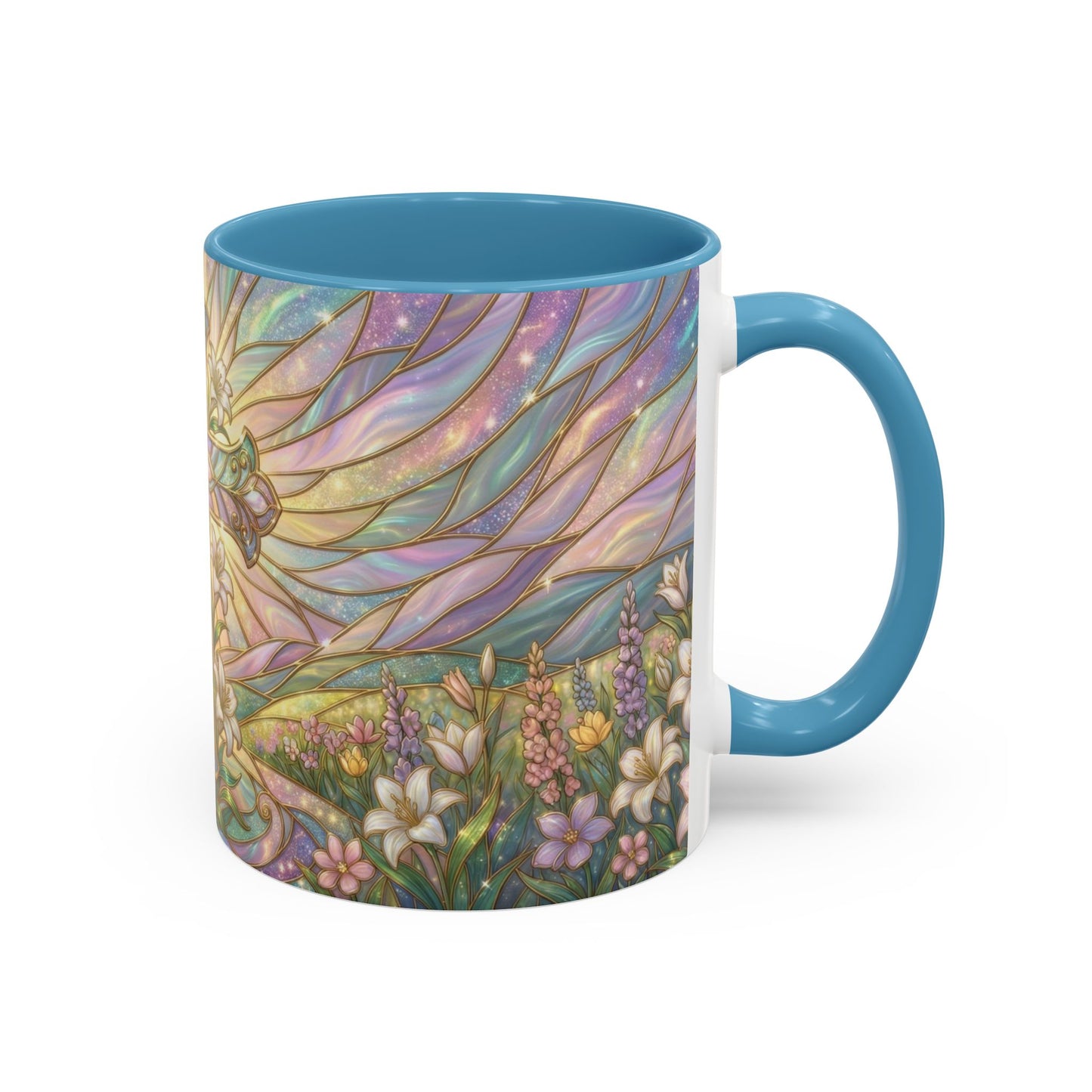 Stained Glass Cross Mug, Easter Lily Coffee Cup, Christian Religious Gift, Pastel Floral Faith Mug, Spring Believer Cup, Baptism Present