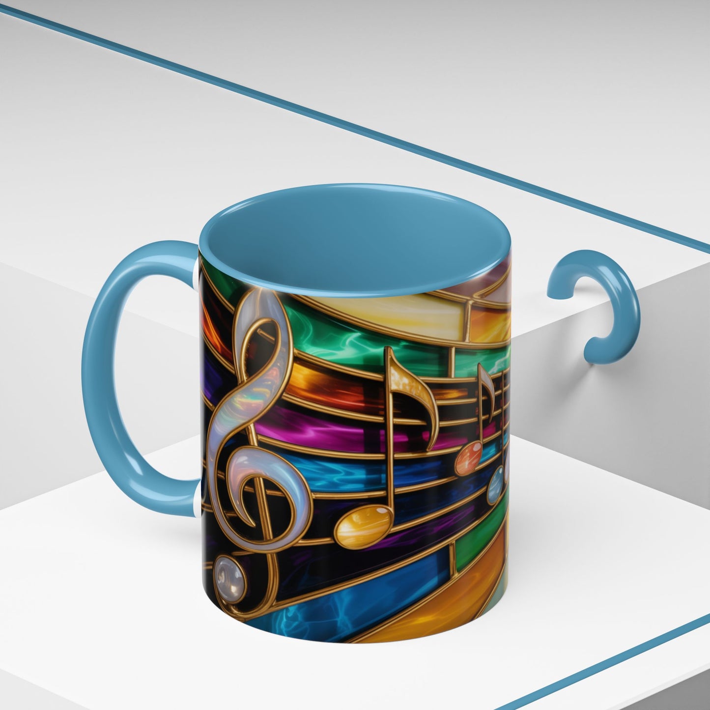 Stained glass music mug, musical notes coffee cup, colorful musician gift mug, music lover present, treble clef art mug, music teacher gift