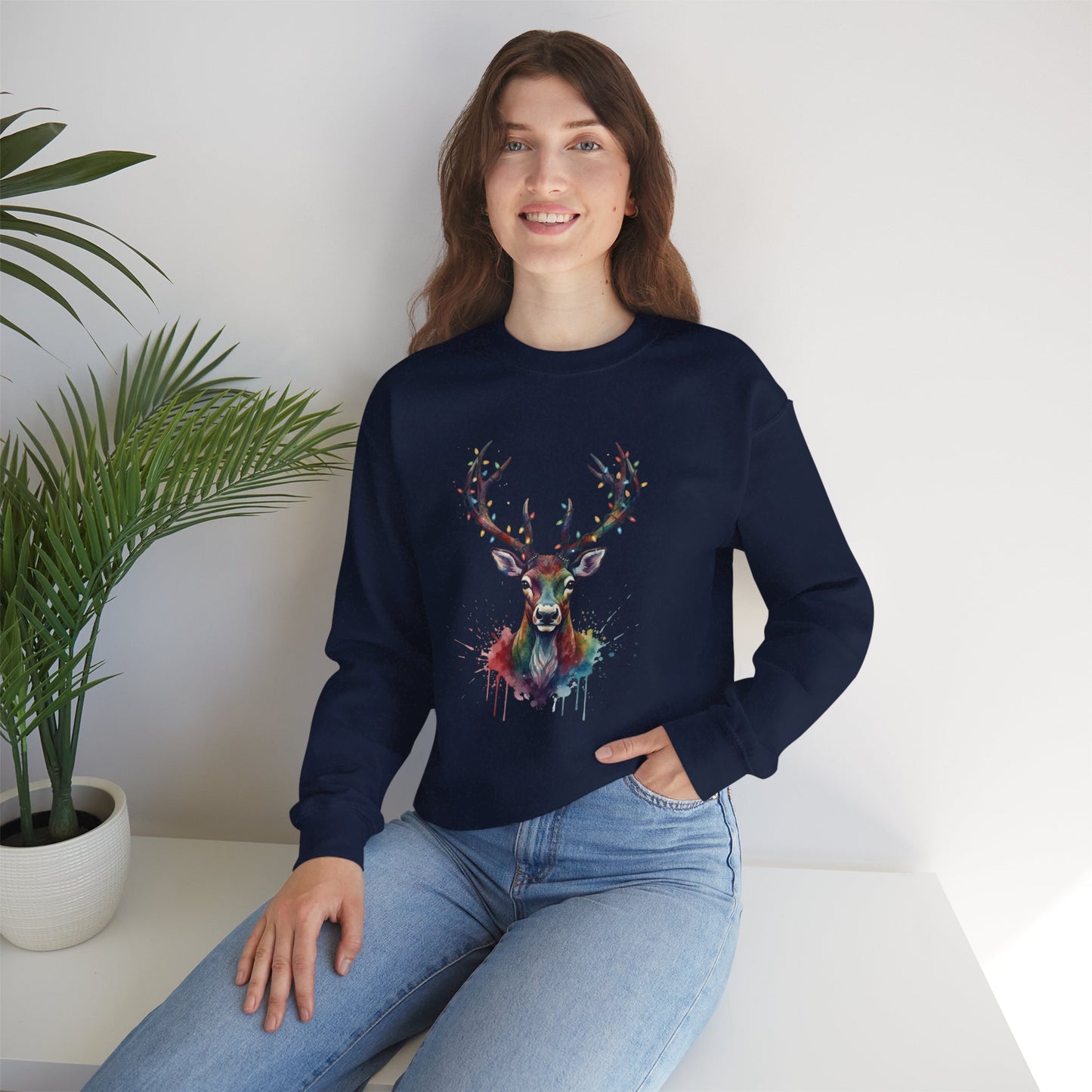 Colorful Reindeer Christmas Sweatshirt, Holiday Deer Lights Sweater, Watercolor Winter Crewneck, Festive Cozy Gift For Him Or Her
