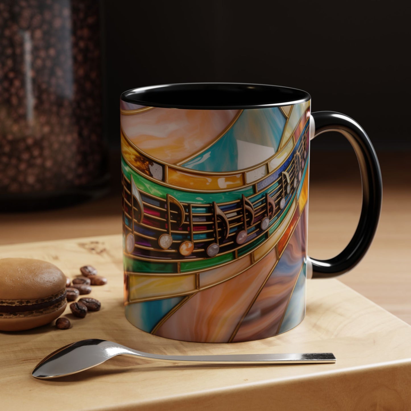 Stained glass music mug, musical notes coffee cup, colorful musician gift mug, music lover present, treble clef art mug, music teacher gift