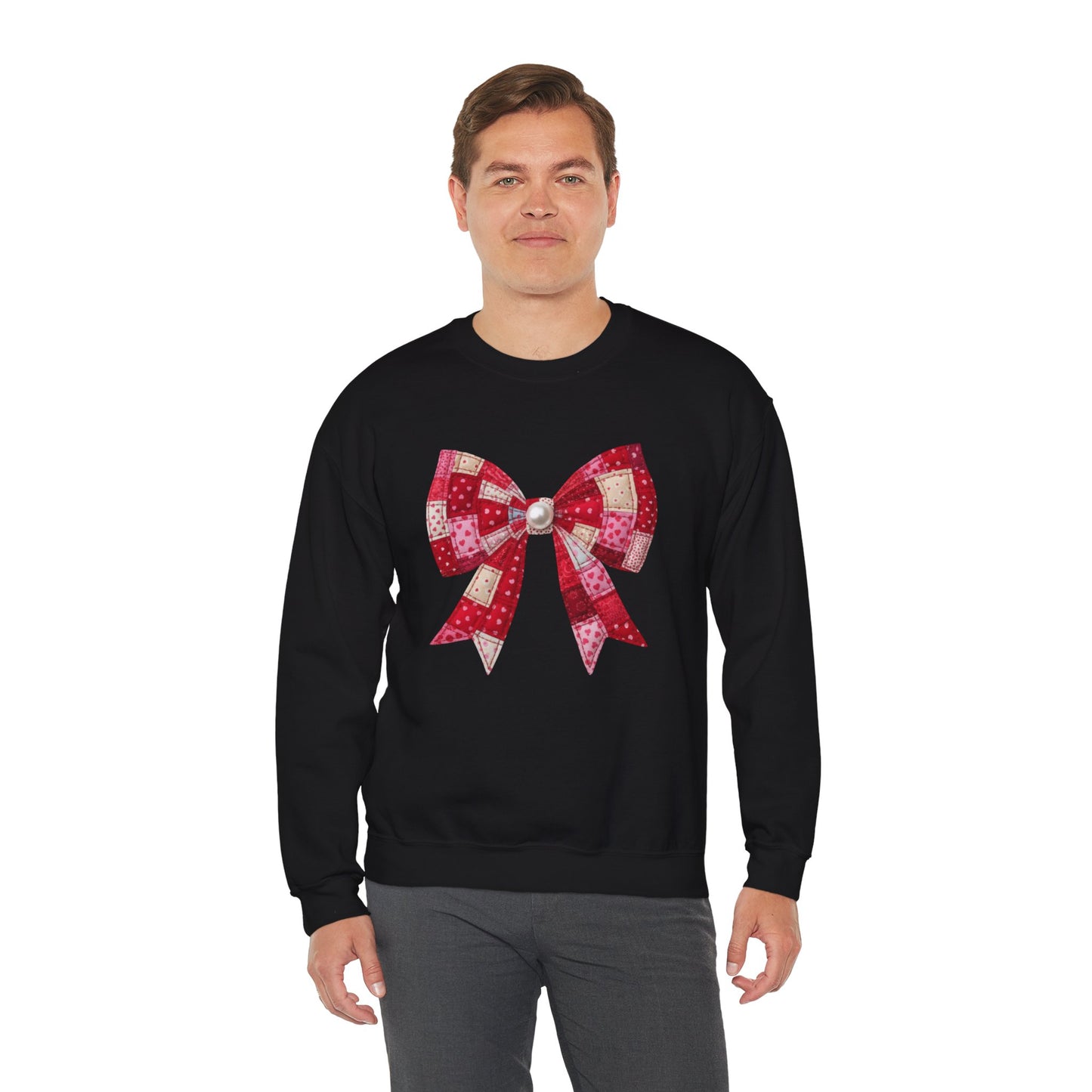 Faux Patchwork Bow Sweatshirt, Quilted Look Bow Crewneck, Pearl Center Bow Pullover, Cozy Coquette Sweatshirt, Girly Gift