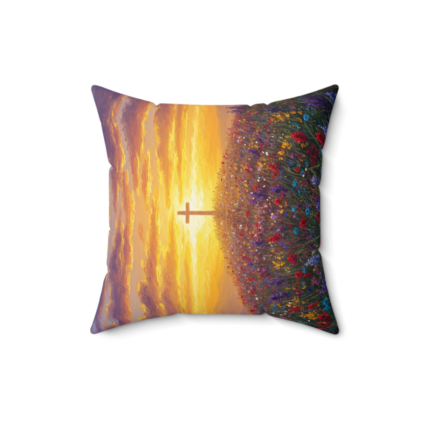 Square Pillow - Monet Style Cross on Hill Painting Christian Pillow Religious Decor Faith Based Throw Gift for Believers