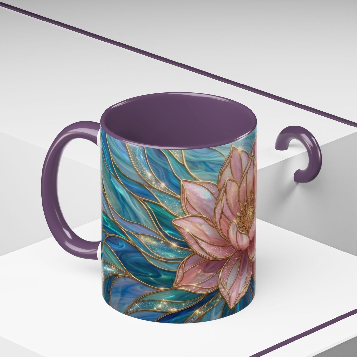 Pink Lotus Flower Mug, Stained Glass Style Coffee Cup, Spiritual Zen Gift For Women, Yoga Lover Tea Mug, Meditation Boho Floral Drinkware