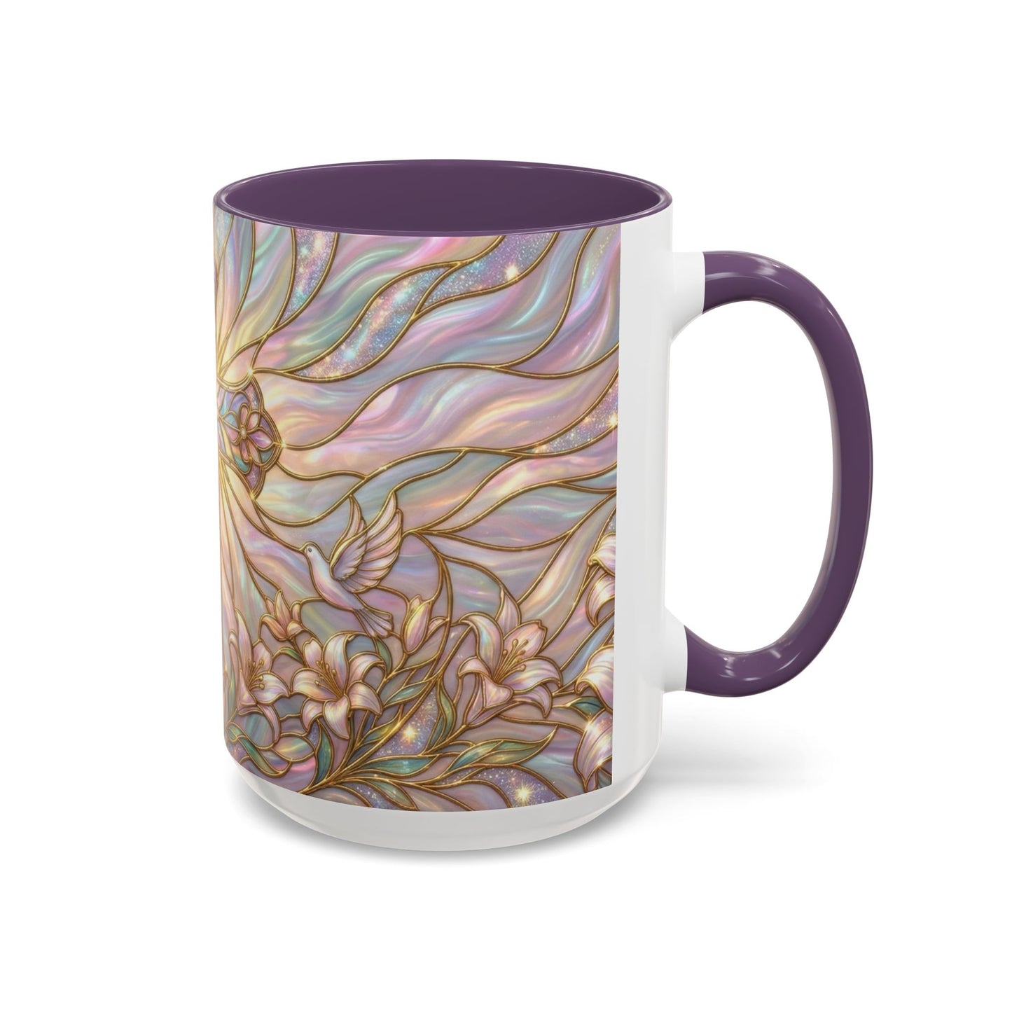 Stained Glass Cross Mug, Easter Lily Coffee Cup, Christian Gift for Women, Pastel Religious Drinkware, Dove and Faith Cup, Spiritual