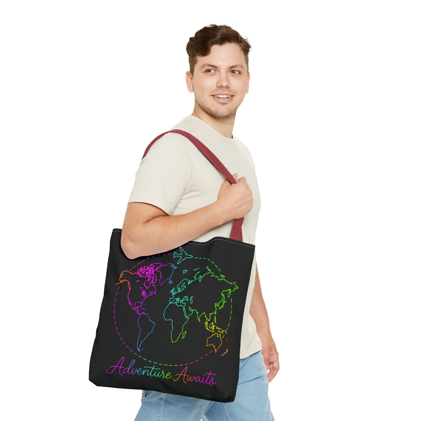 Adventure Awaits Neon Tote Bag - Y2K Rainbow World Map and Plane Travel Tote, Reusable Canvas Tote for Airport, Beach, Market + Gift