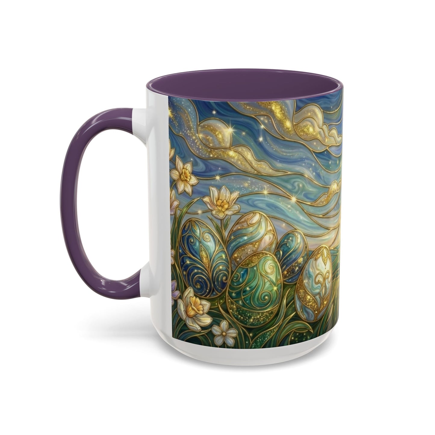 Stained Glass Easter Egg Mug, Magical Spring Floral Coffee Cup, Art Nouveau Fantasy Teacup, Elegant Celestial Starry Sky Mug Gift Idea