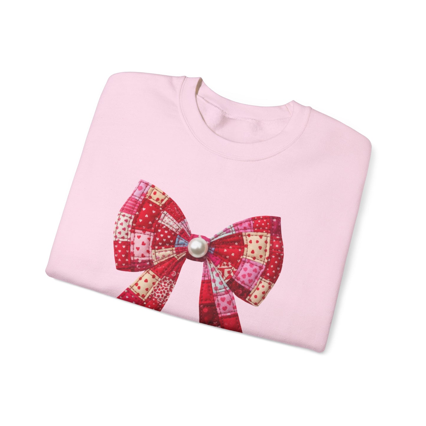 Faux Patchwork Bow Sweatshirt, Quilted Look Bow Crewneck, Pearl Bow Pullover, Cozy Coquette Sweatshirt, Girly Valentine Gift