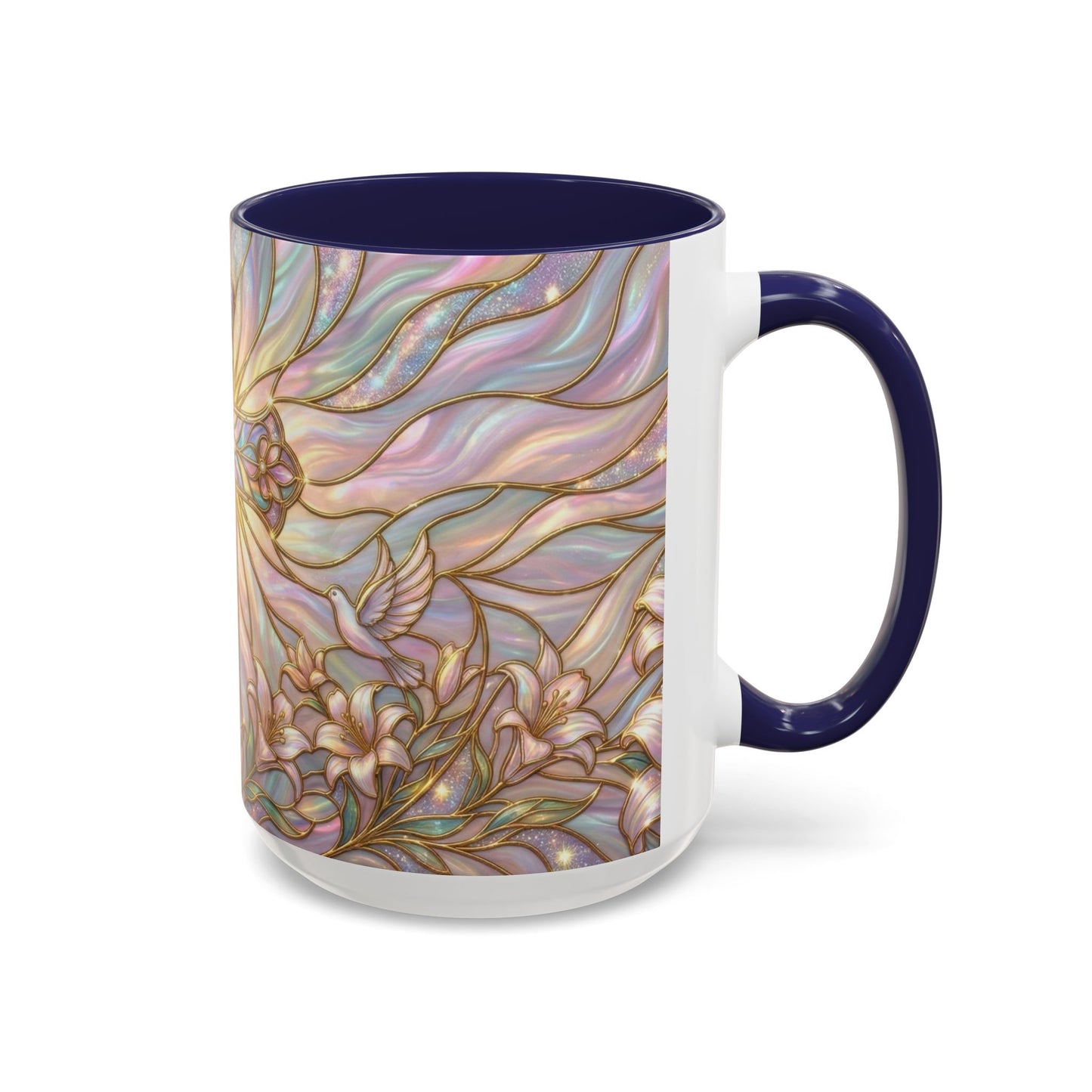 Stained Glass Cross Mug, Easter Lily Coffee Cup, Christian Gift for Women, Pastel Religious Drinkware, Dove and Faith Cup, Spiritual