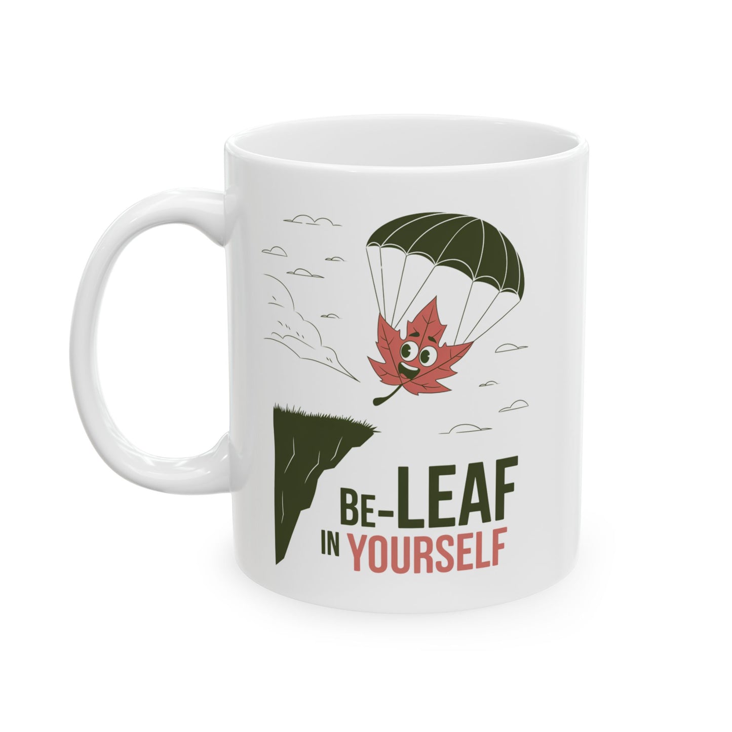 Be-Leaf In Yourself Mug – Motivational Leaf Parachute Design on Ceramic Coffee Cup, Positive Affirmation Gift for Fall Lovers & Nature Enthusiasts