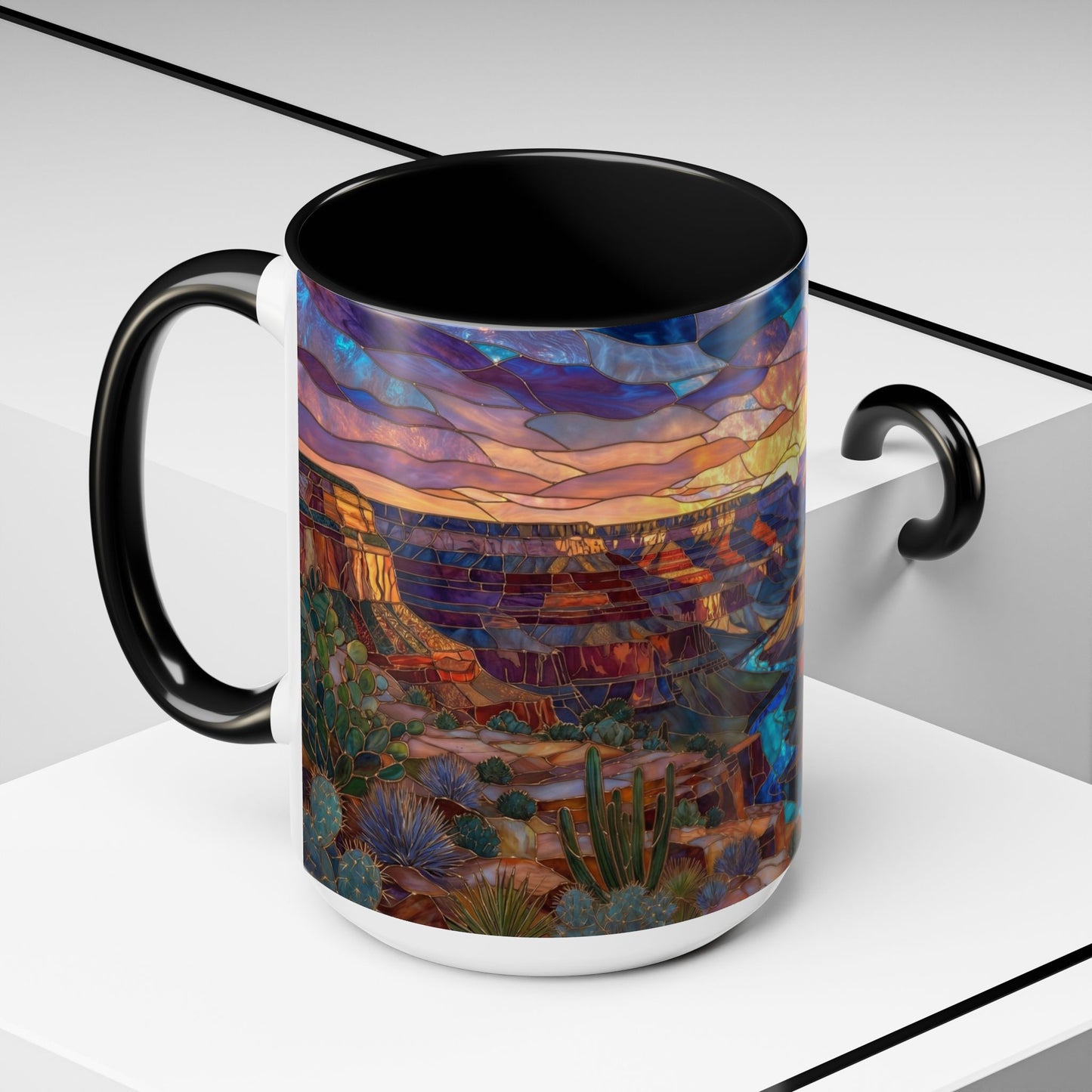 Stained Glass Grand Canyon Mug, Southwest Landscape Coffee Cup, Sunset Canyon Art Mug, Nature Gift For Hikers, Colorful Scenic Grand Canyon Illustration