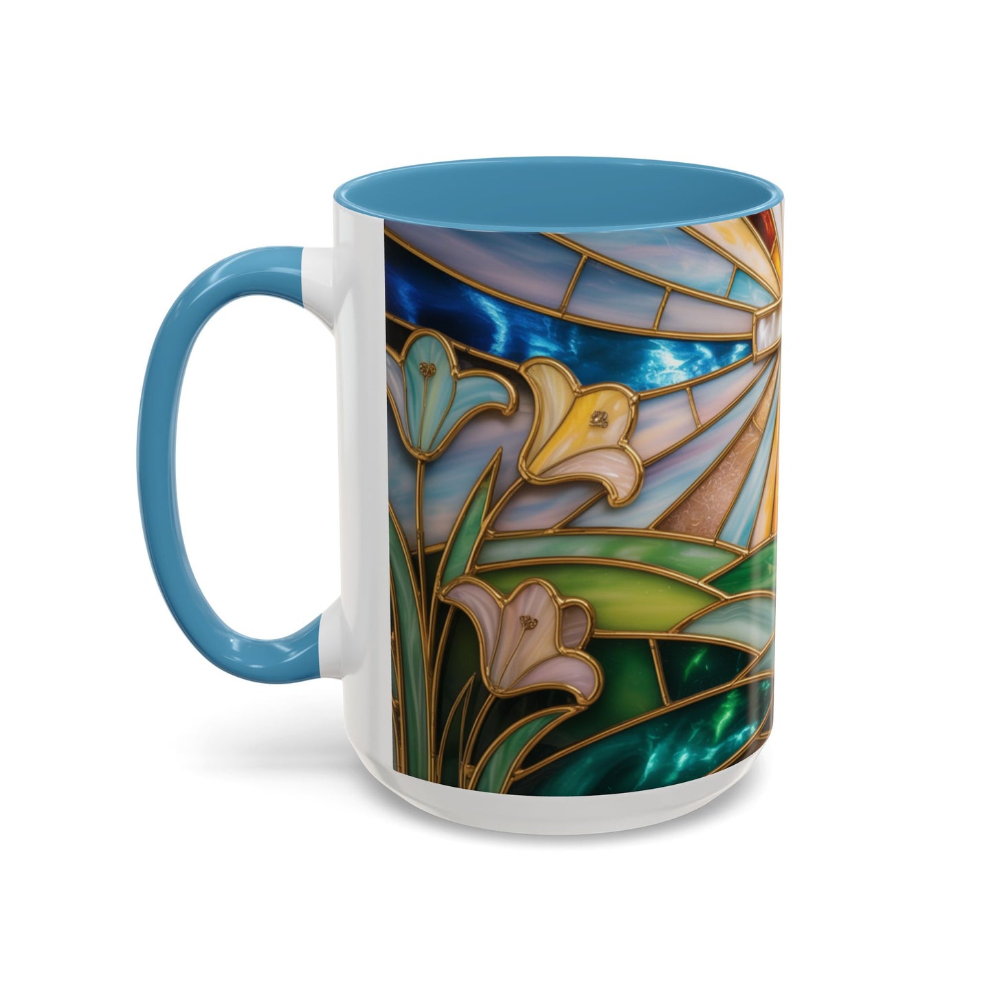 Stained Glass Cross Mug, Christian Coffee Cup, Faith Gift Mug, Religious Art Mug, Floral Church Mug, Inspirational Faith Cup, Easter Gift