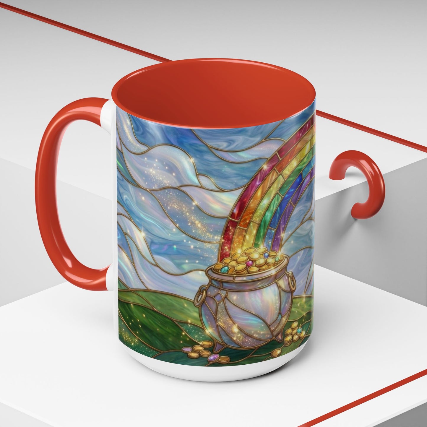 Stained Glass Rainbow Mug, Pot Of Gold Coffee Cup, St Patricks Day Gift, Whimsical Magical Art Mug, Lucky Irish Leprechaun Treasure