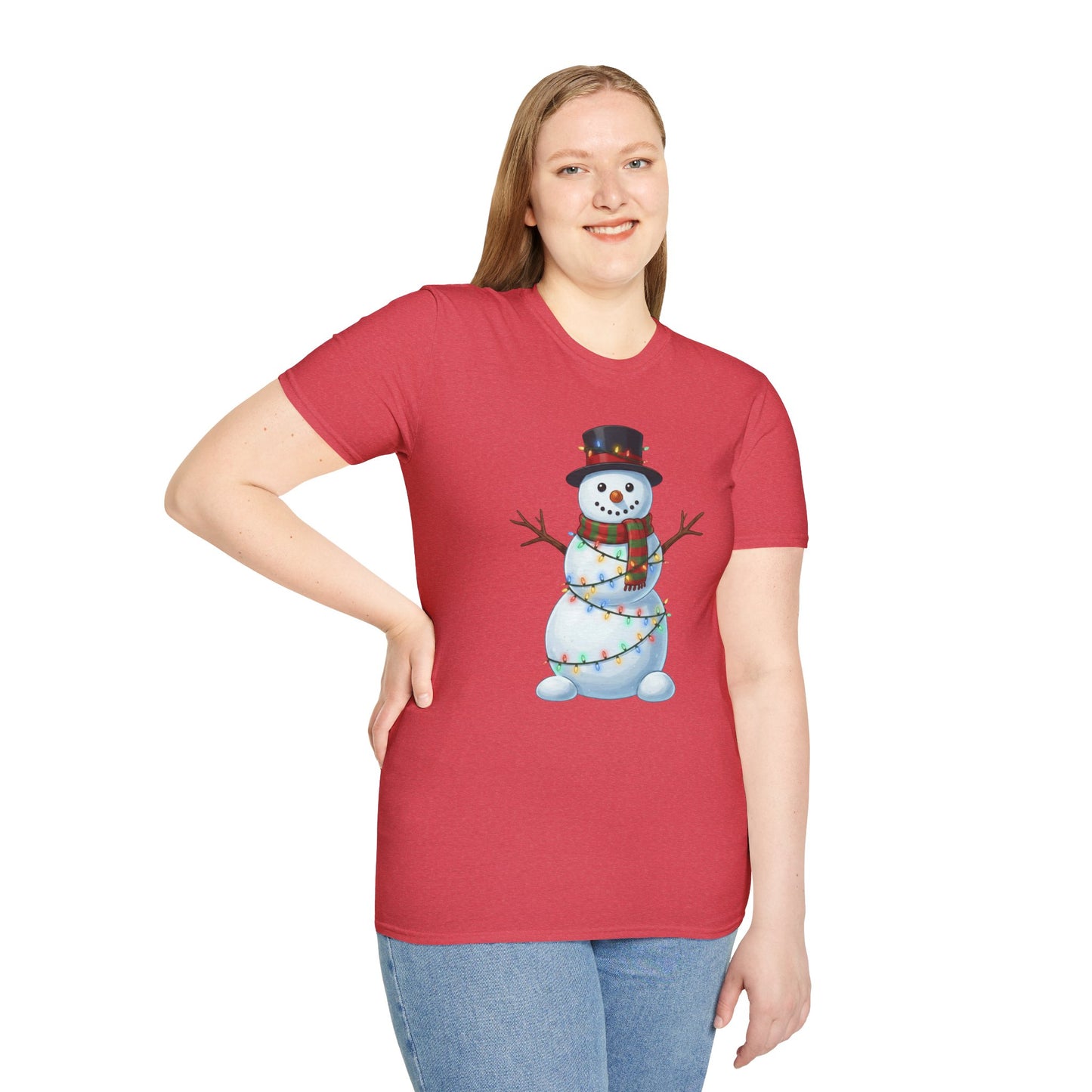Cute Snowman Christmas Shirt, Snowman Wrapped in Christmas Lights Tee, Holiday Winter Snowman Top Hat Shirt, Funny Cozy Christmas T Shirt
