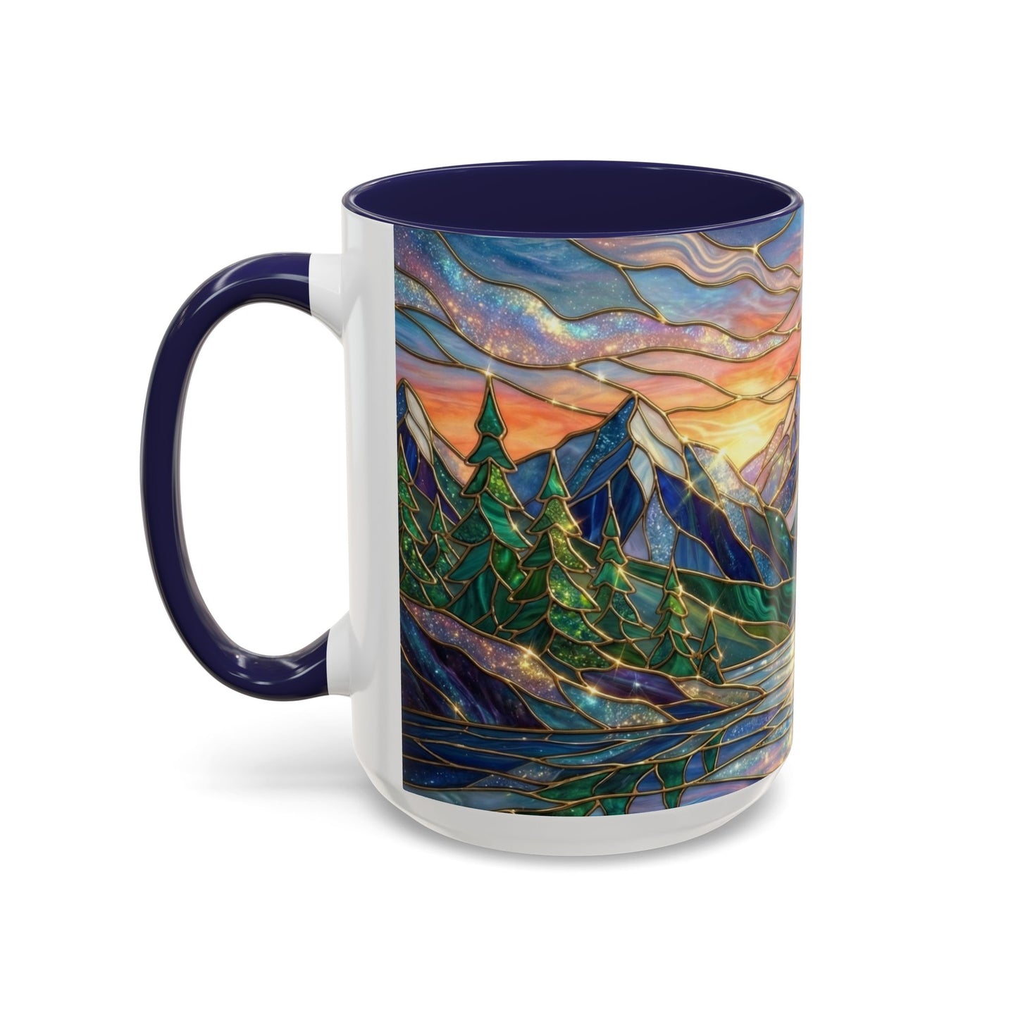 Stained Glass Mountain Mug, Sunset Mountain Landscape Coffee Cup, Nature Ceramic Mug With Forest And River, 11oz 15oz Gift