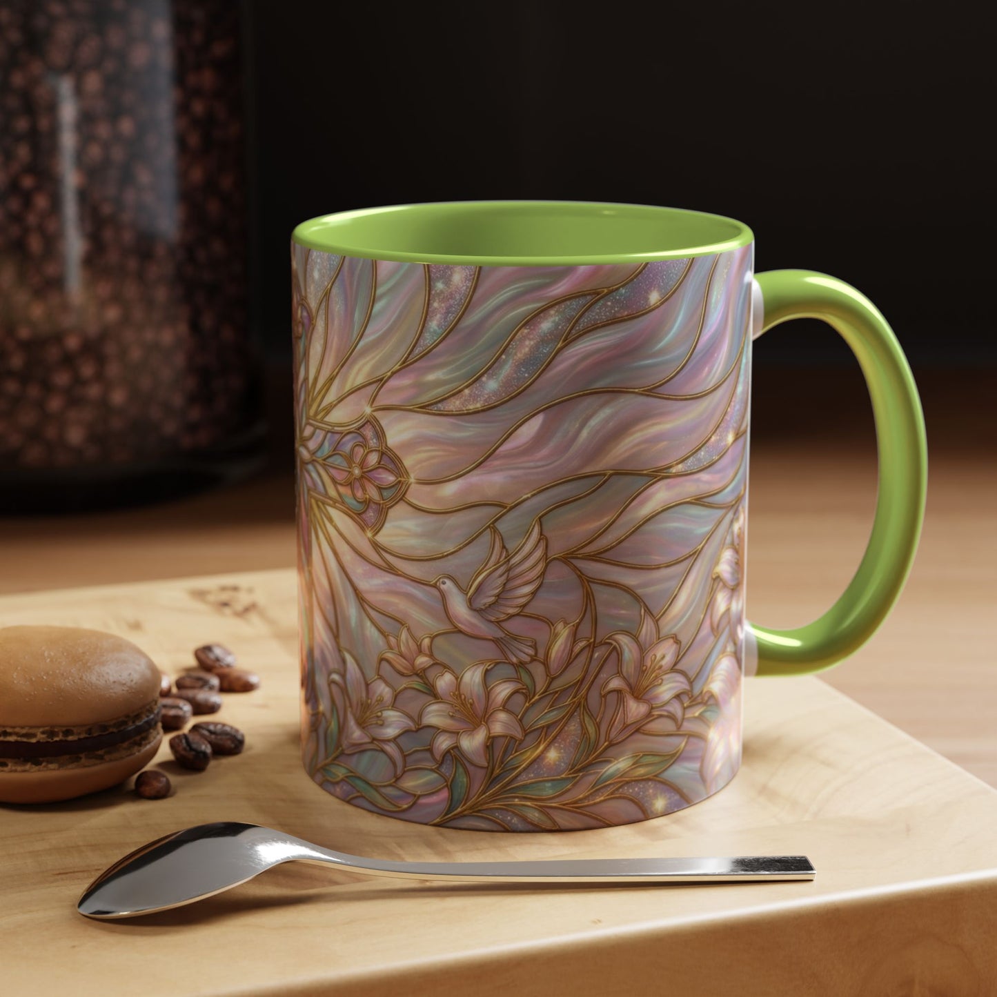 Stained Glass Cross Mug, Easter Lily Coffee Cup, Christian Gift for Women, Pastel Religious Drinkware, Dove and Faith Cup, Spiritual