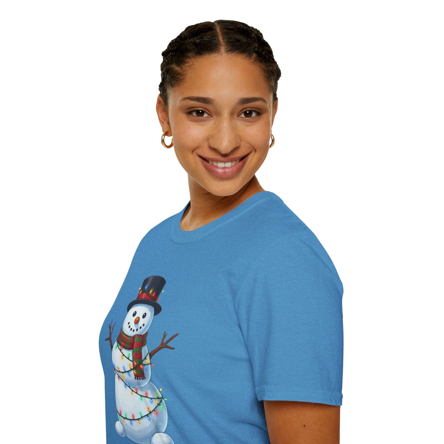 Cute Snowman Christmas Shirt, Snowman Wrapped in Christmas Lights Tee, Holiday Winter Snowman Top Hat Shirt, Funny Cozy Christmas T Shirt