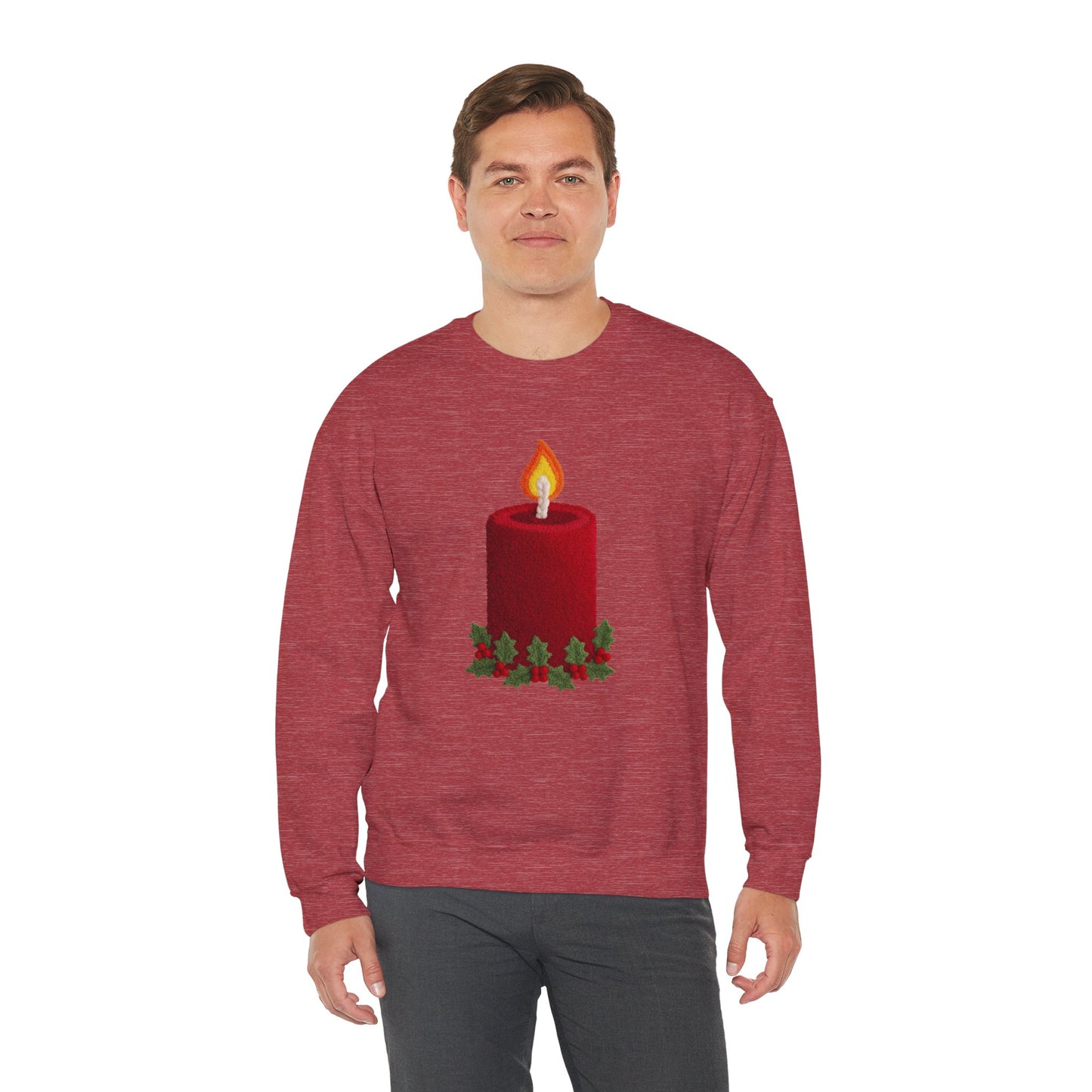 Faux Patchwork Crochet Candle Sweatshirt, Christmas Candle Sweater, Holiday Cozy Winter Crewneck, Cute Xmas Candle Sweatshirt, Unisex Holiday Top