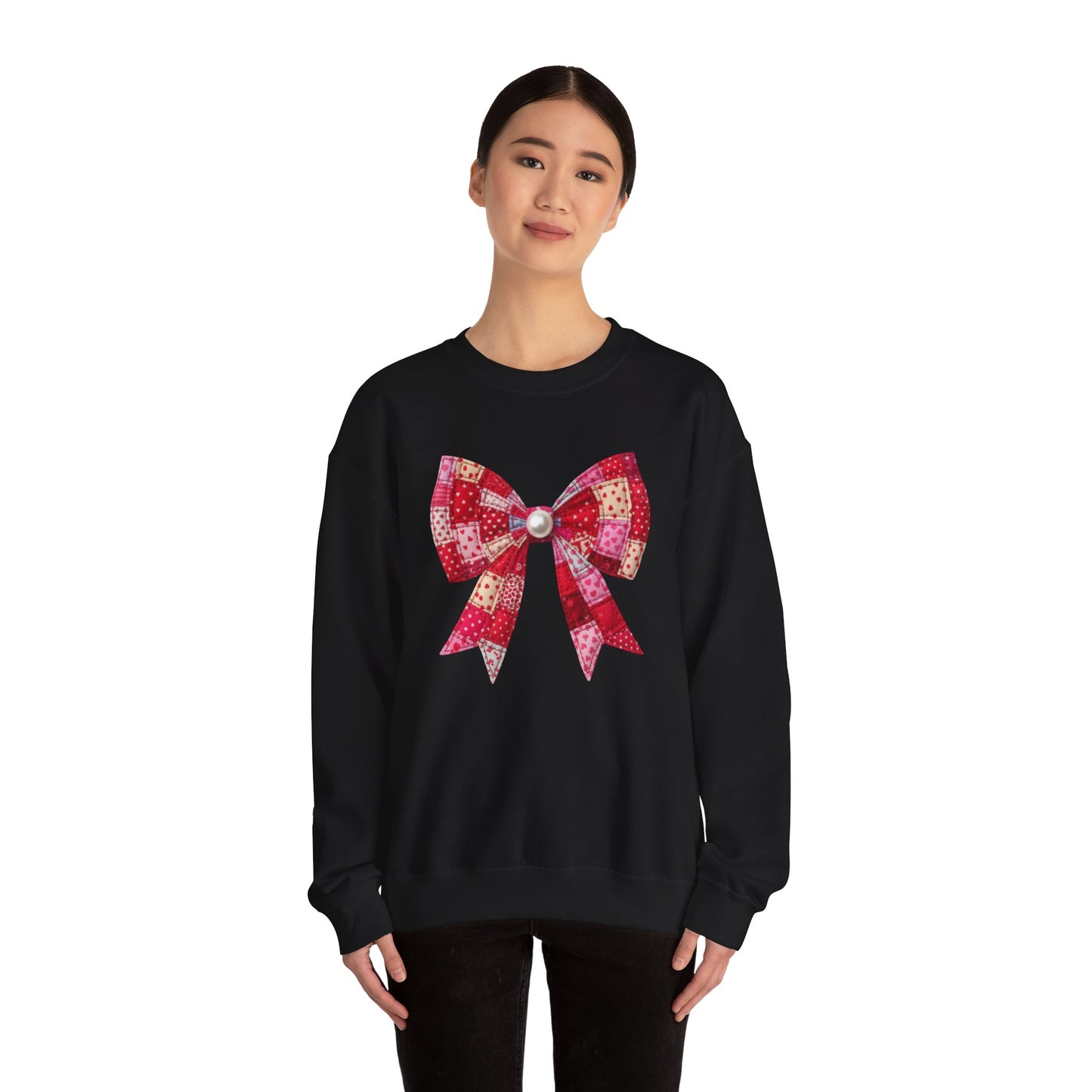 Faux Patchwork Bow Sweatshirt, Quilted Look Bow Crewneck, Pearl Bow Pullover, Cozy Coquette Sweatshirt, Girly Valentine Gift