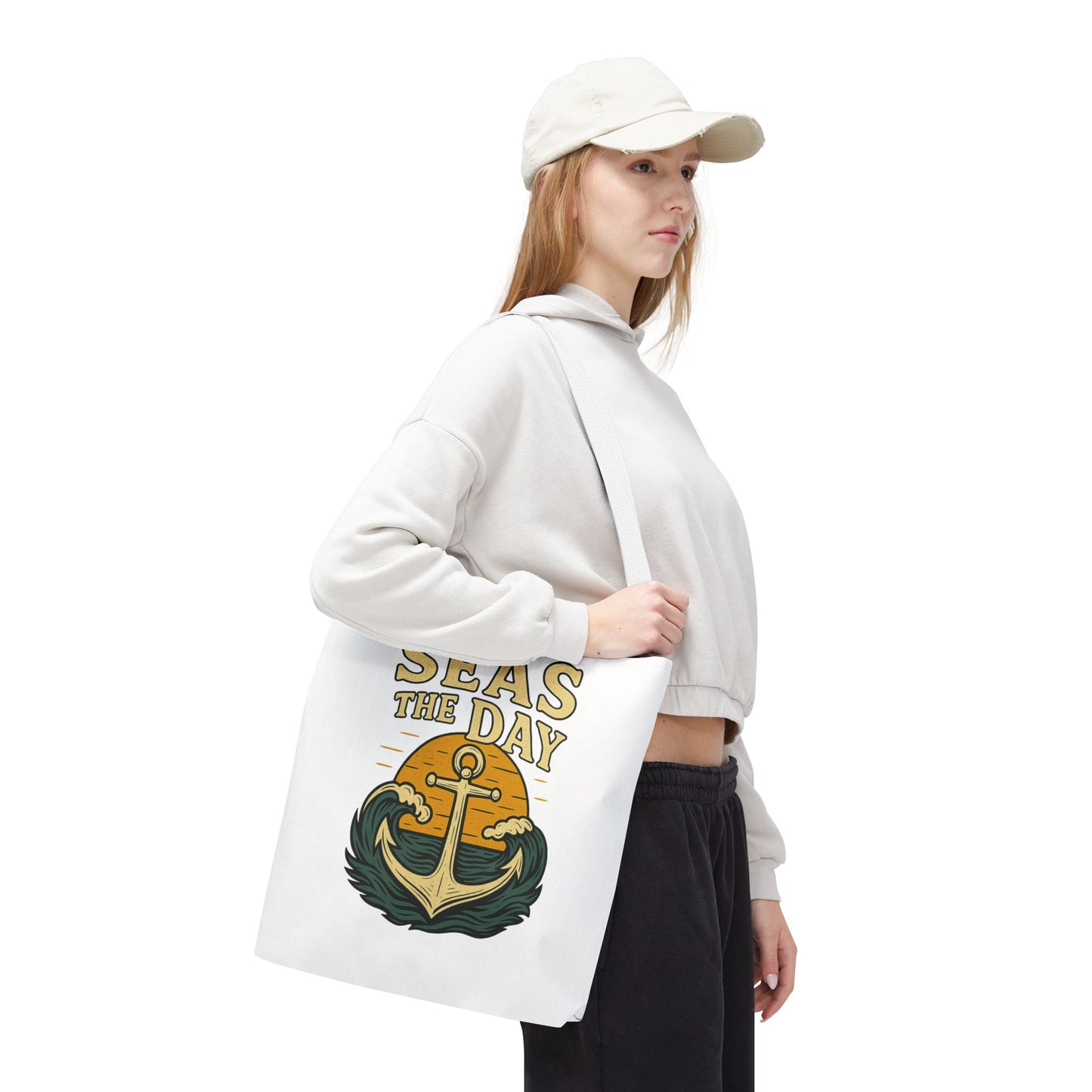 "Seas the Day" Nautical Tote Bag – Funny Beach Quote Canvas Bag with Anchor | Coastal Gift Idea for Summer, Travel, or Daily Use