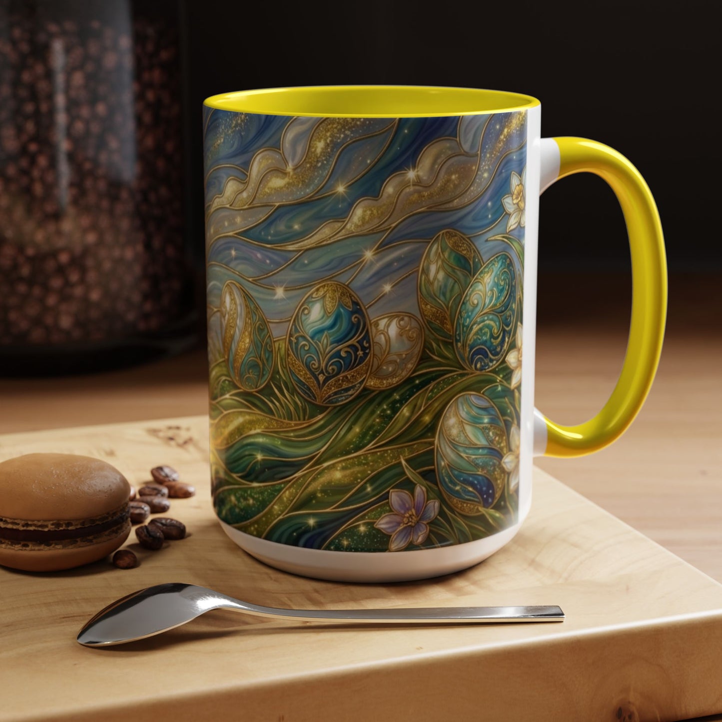 Stained Glass Easter Egg Mug, Magical Spring Floral Coffee Cup, Art Nouveau Fantasy Teacup, Elegant Celestial Starry Sky Mug Gift Idea