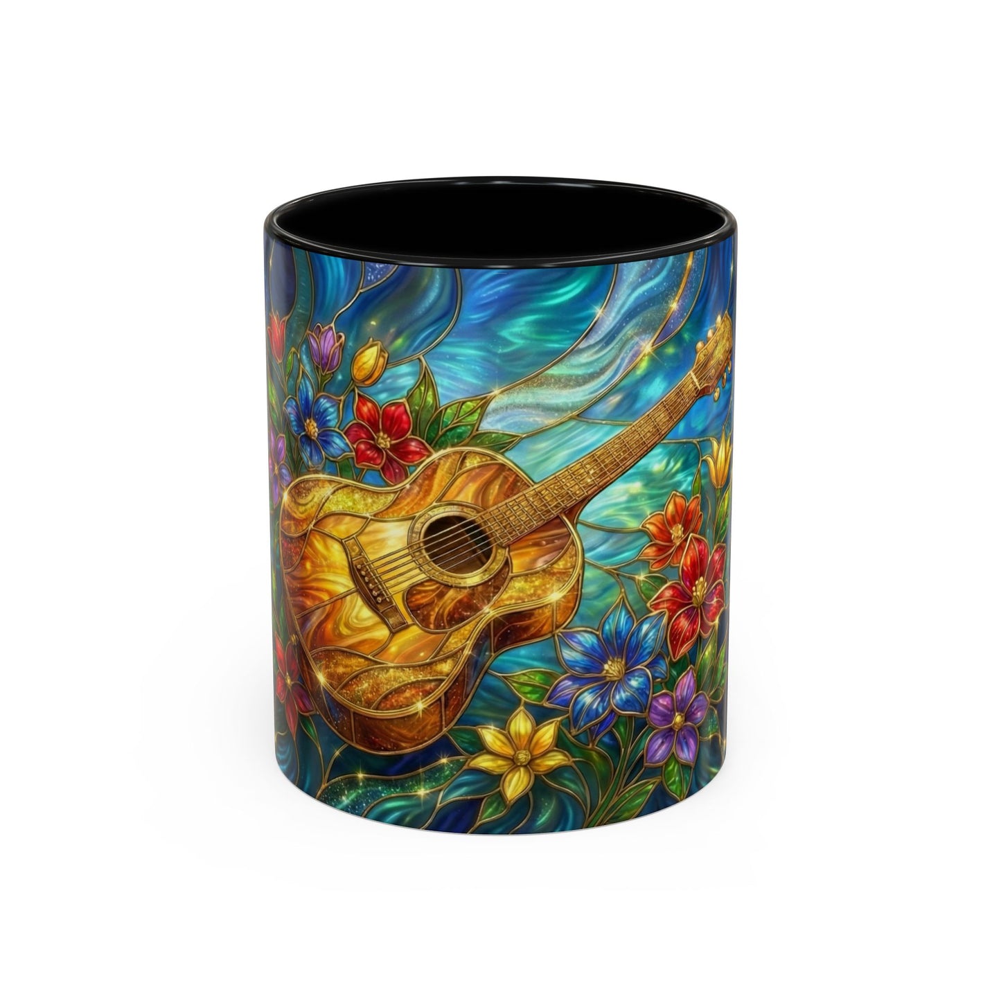 Guitar Coffee Mug, Stained Glass Guitar Art Mug, Music Lover Gift, Floral Acoustic Guitar Mug, Ceramic Coffee Cup, Unique Musician Gift, 11oz
