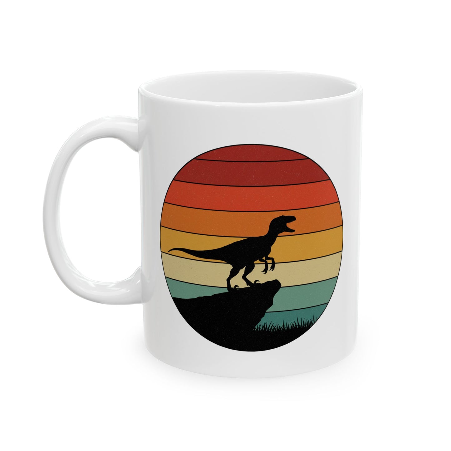 Retro Sunset Dinosaur Mug – Velociraptor Silhouette on Vintage Stripes, Jurassic Coffee Cup, Prehistoric Art Ceramic Mug, Dinosaur Lover Gift