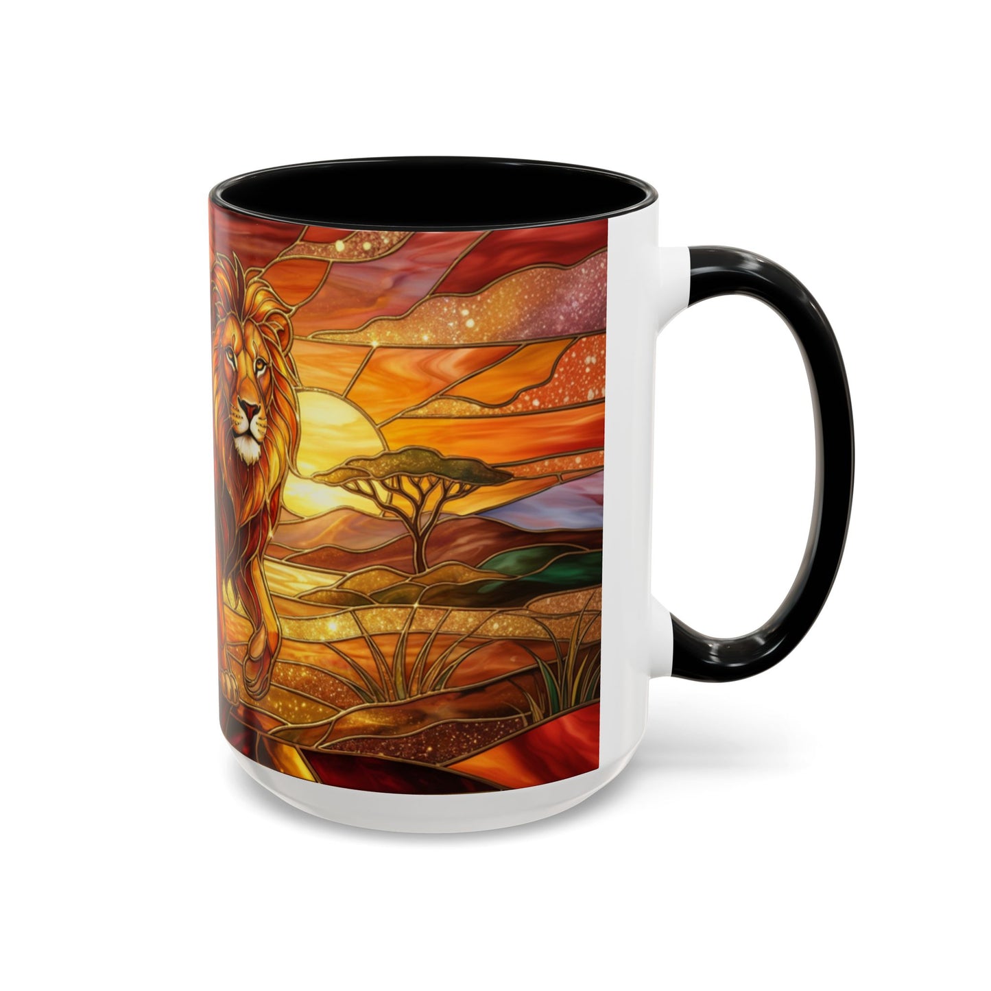 Stained Glass Lion Mug, Majestic Lion Coffee Cup, African Sunset Art Mug, Safari Wildlife Gift, Colorful Lion Lover Ceramic Mug