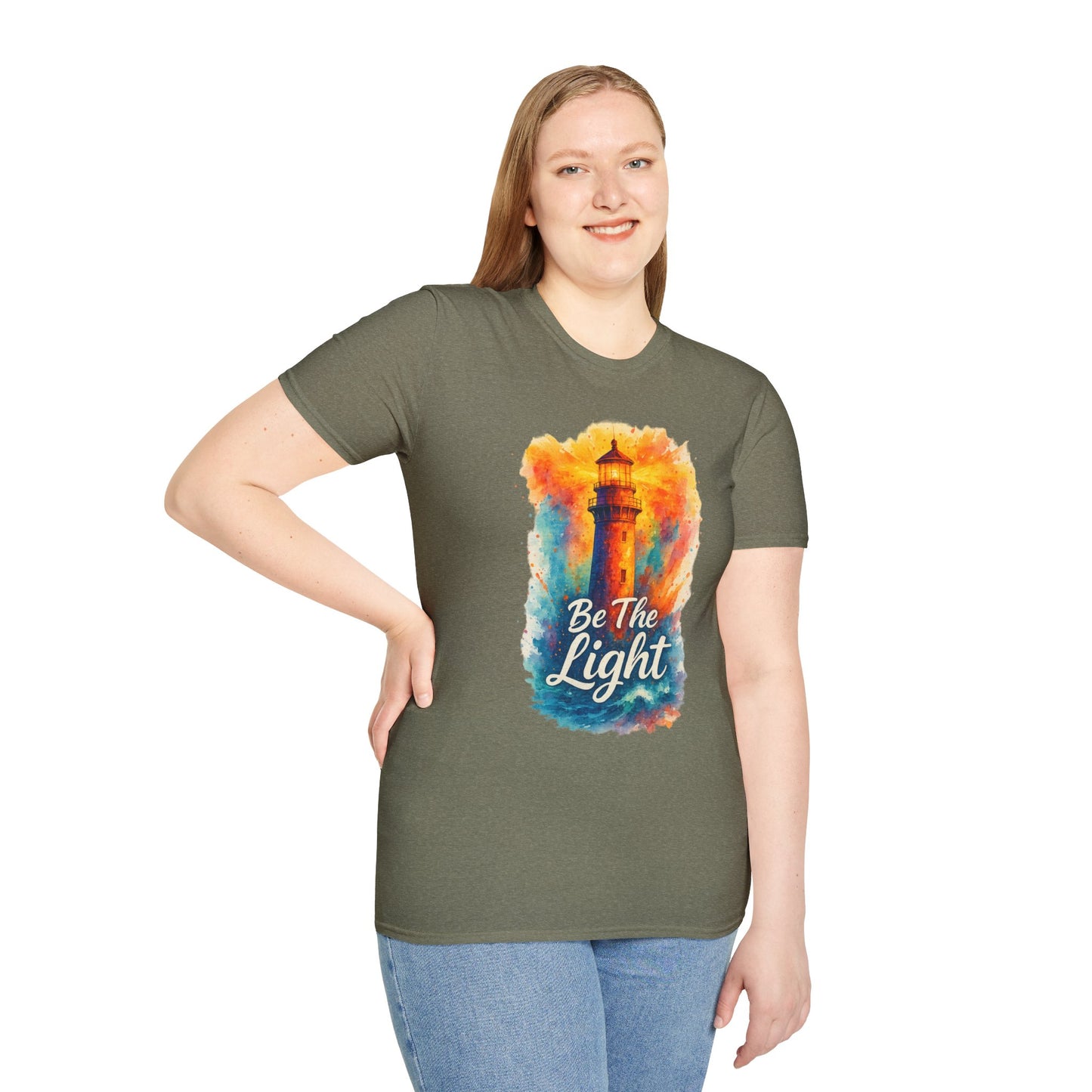 Be The Light Lighthouse T-Shirt | Inspirational Spiritual Tee | Coastal Nautical Gift for Her and Him | Unisex Softstyle Graphic Tee