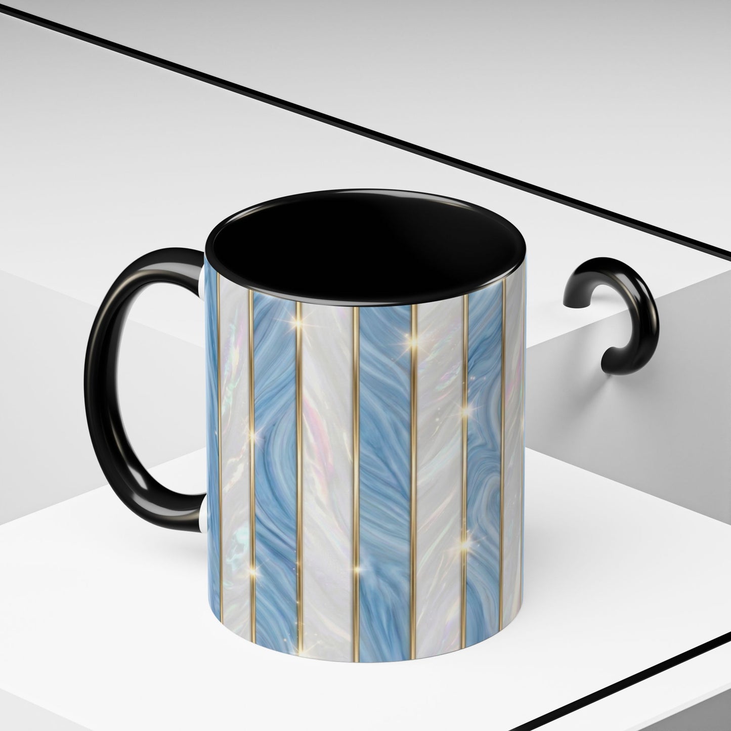 Faux Stained Glass Mug, Blue Pearlescent Coffee Cup, Art Deco Stained Glass Decor, Elegant Gold Stripe Teacup, Unique Art Gift For Her