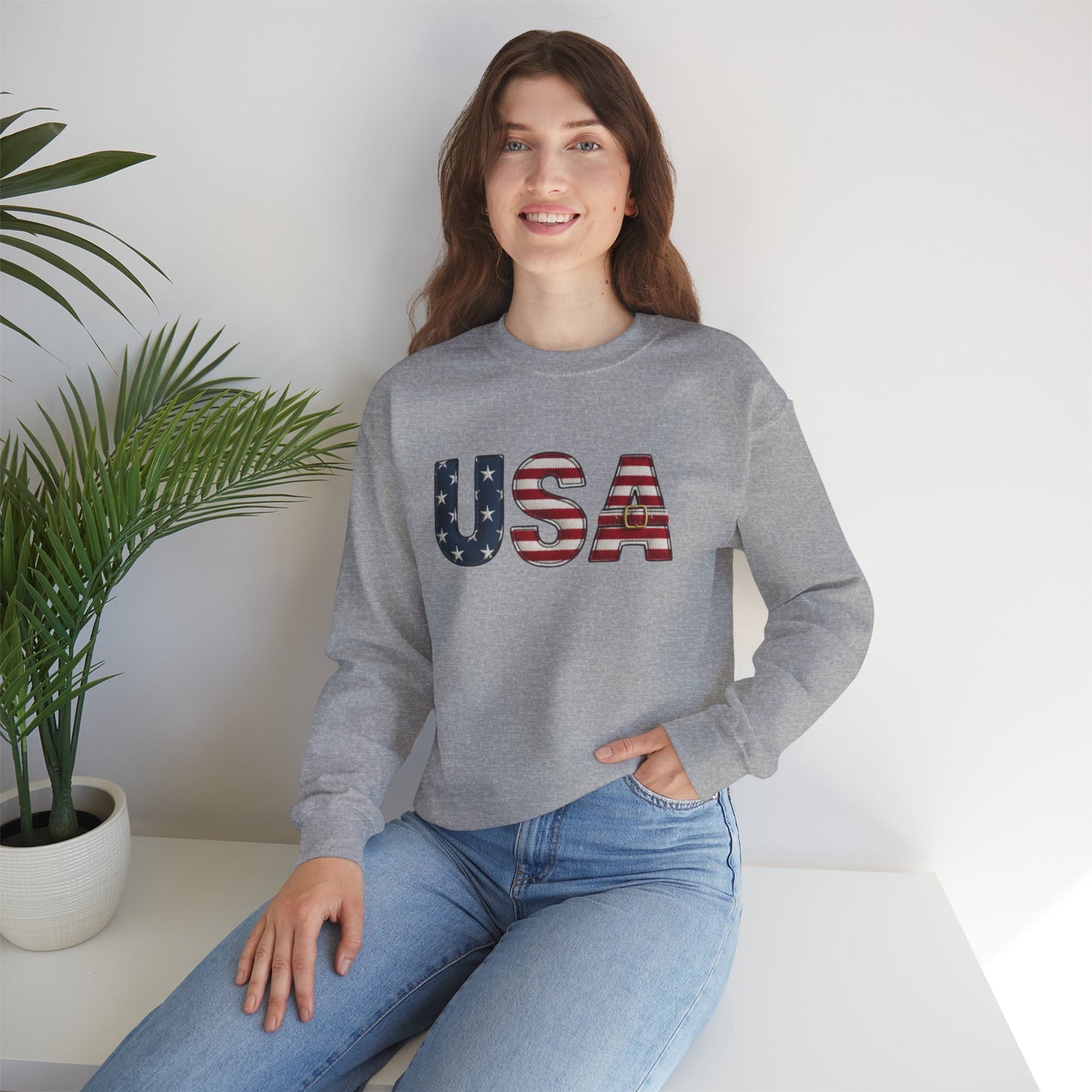 Faux Patchwork USA Sweatshirt, Patriotic Quilt Style Top, Rustic Americana Crewneck, 4th of July Shirt, Country USA Sweater, Vintage Flag Top