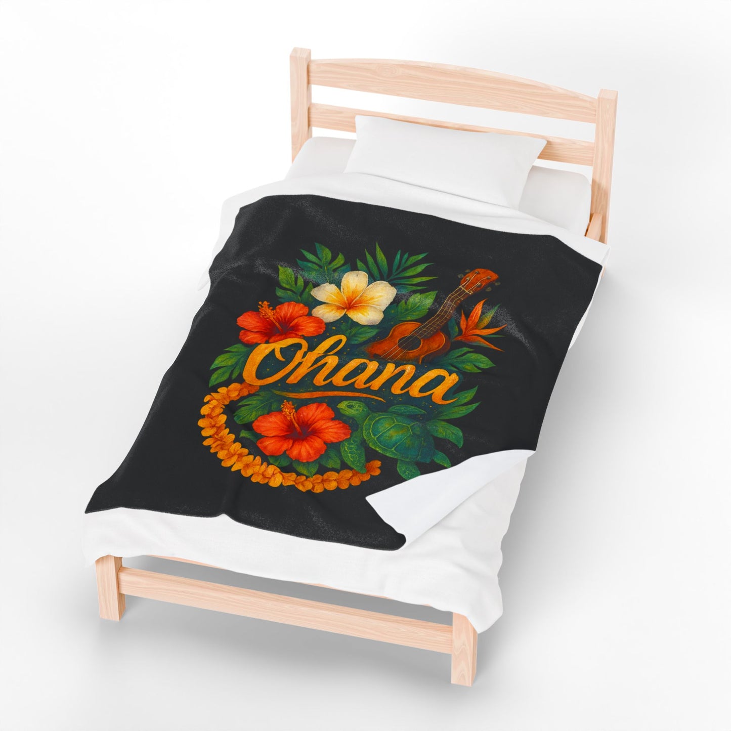 Ohana Hawaiian Blanket - Tropical Floral Turtle Ukulele Throw - Polynesian Island Bedding - Hawaii Gift - Cozy Beach Vibes Decor