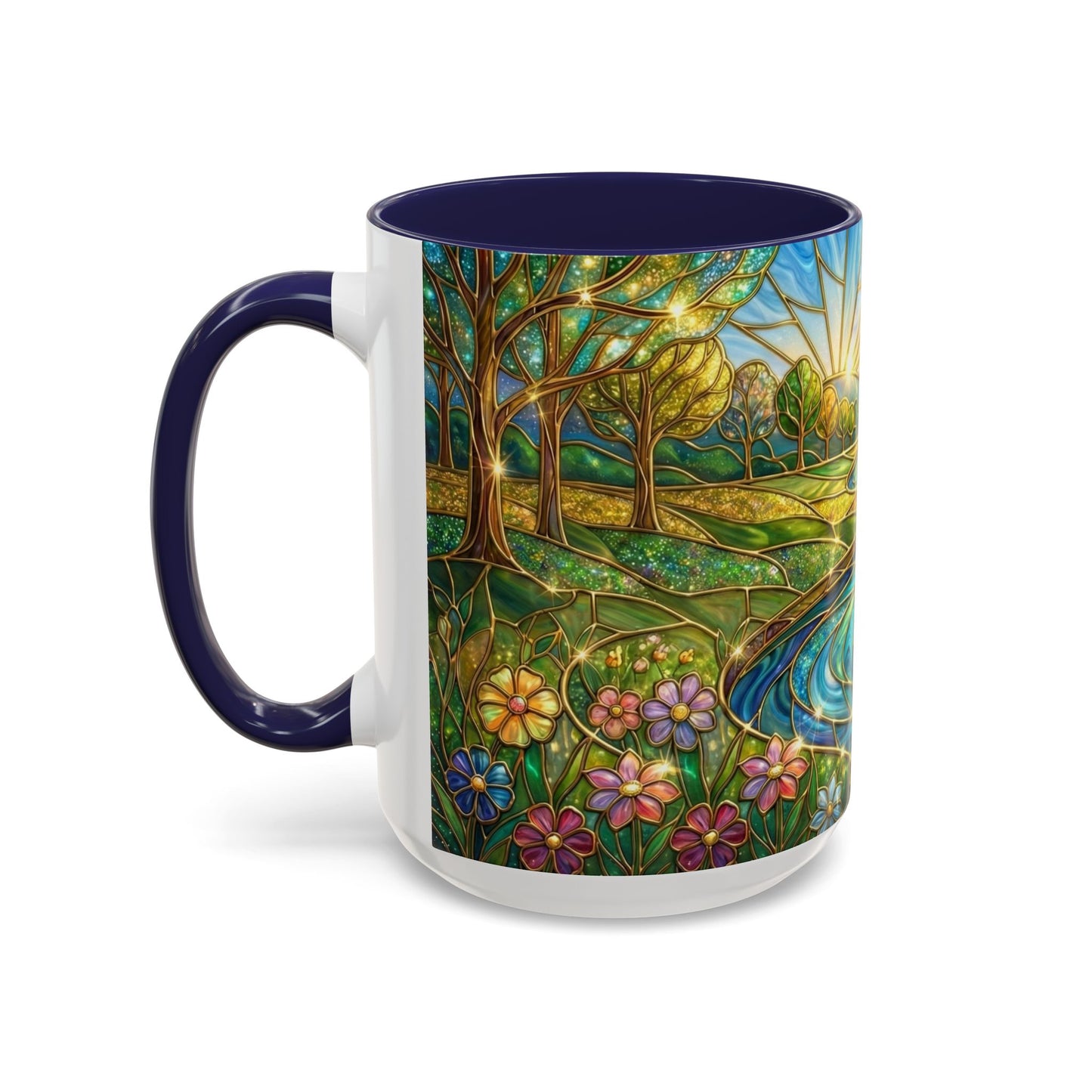 Stained Glass Mug, River Landscape Coffee Cup, Nature Lover Gift, Floral Tea Mug, Gardener Present, Art Teacher Gift, Colorful Scenery Cup