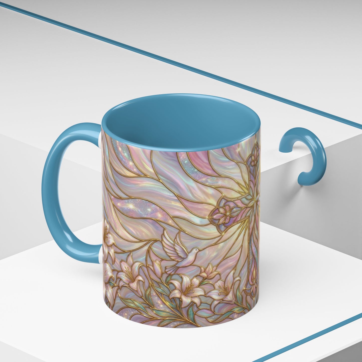 Stained Glass Cross Mug, Easter Lily Coffee Cup, Christian Gift for Women, Pastel Religious Drinkware, Dove and Faith Cup, Spiritual