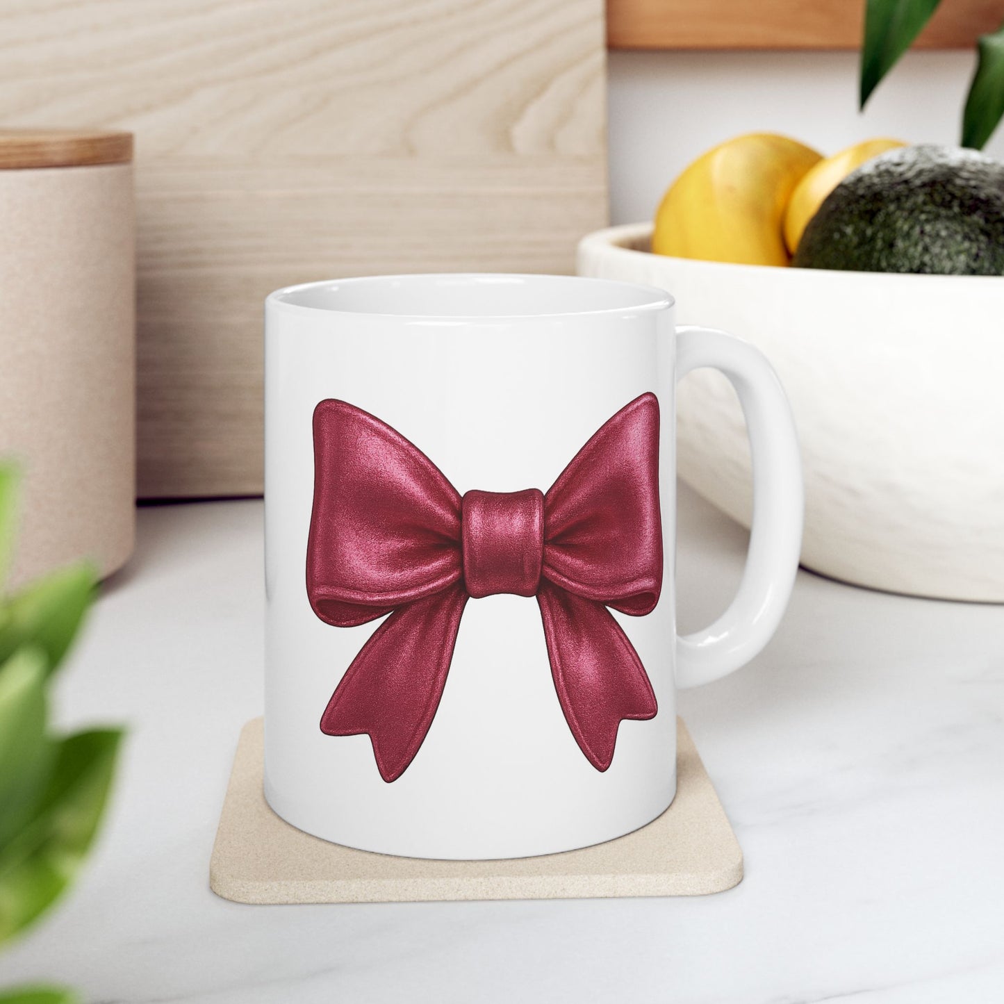 Pink Metallic Bow Mug - Cute Girly Coffee Cup | Glossy Ribbon Design | Gift for Her | Aesthetic Desk Mug | Feminine Ceramic Tea Mug